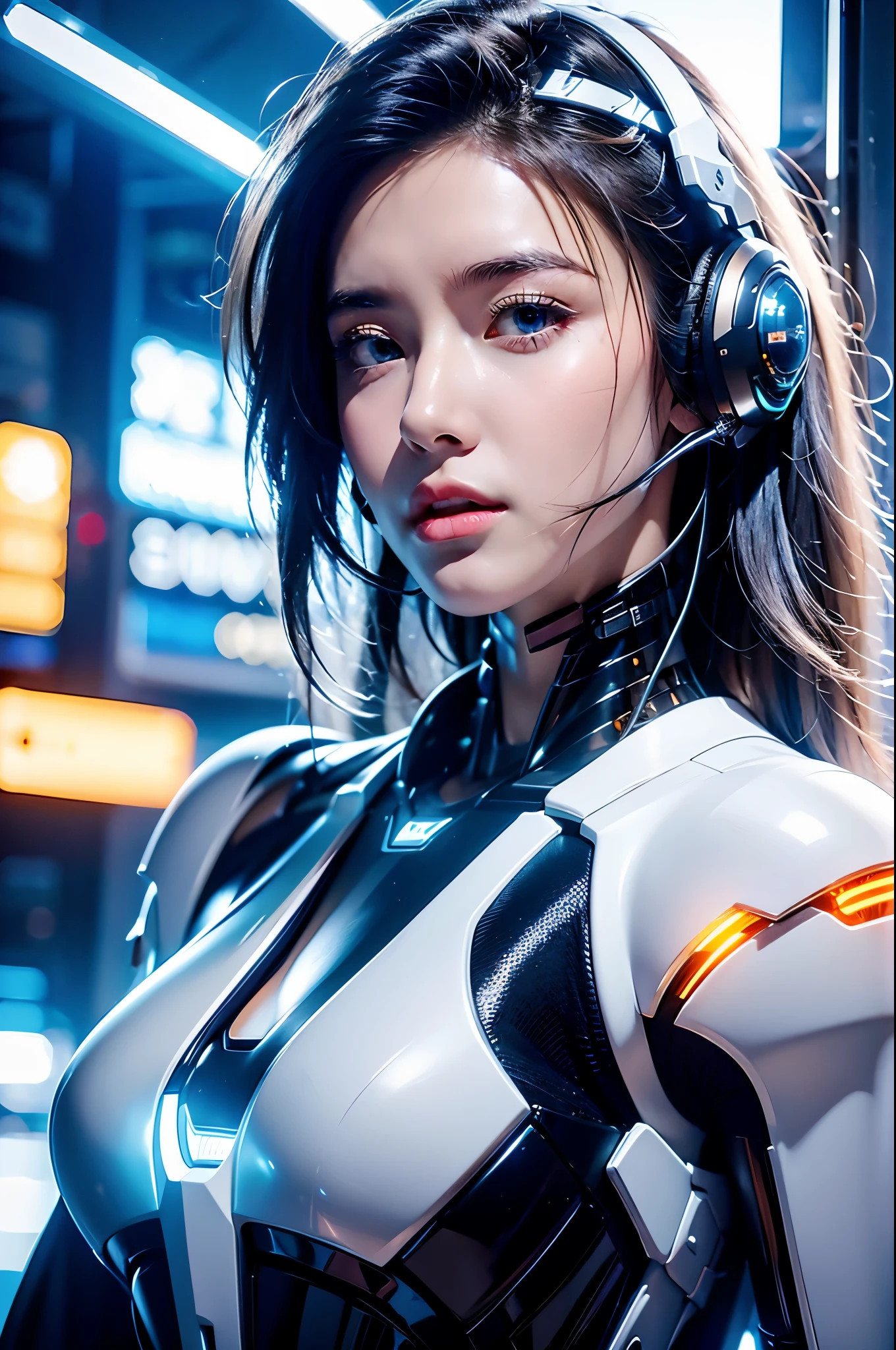 best quality，masterpiece，16k，1girl,blue eyes,glowing,looking at viewer,parted lips,realistic,Chest Glow,Silver all metal mecha,necklace,Black to white gradient hair,Full body mecha,Positive close-up,Silver glowing mecha on chest,science fiction,short hair,solo,upper body,Mecha,Hard surface,Streamlined mecha,Realistic materials,Glowing mecha,Multi light source mecha,night,Neon lights