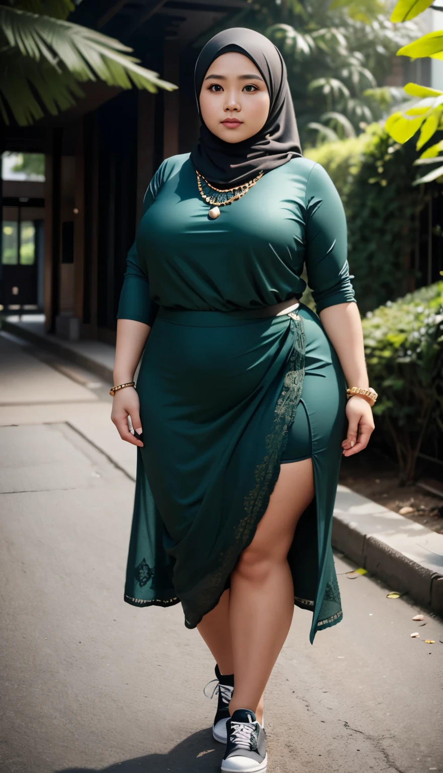 1 malay girl, modern plain hijab, shy, medium portrait, watery eyes, wearing dark green kebaya, ((big breasts)), black bokeh background, well-proportioned body,, chubby massive thighs, full body pose, wearing a necklace , wearing 10 bracelet , wearing a sneaker 