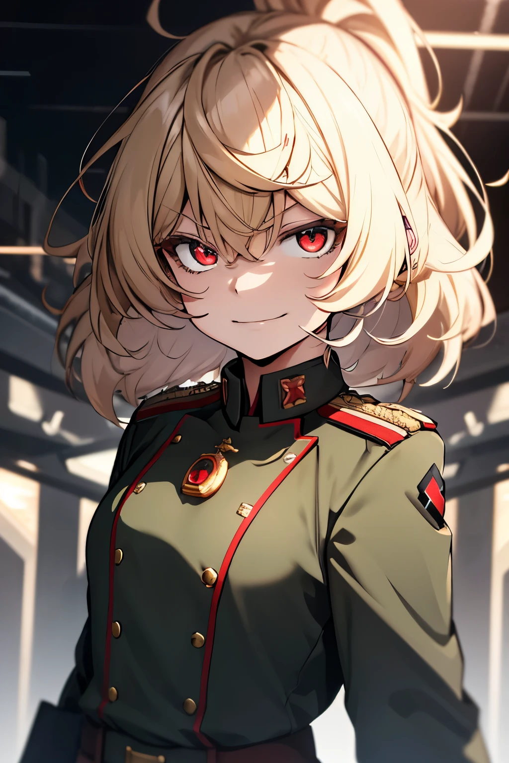 (masterpiece, best quality: 1.1), 1girl solo, tanya, 1girl, solo, , flat chest, small breasts, curvy, military, military uniform, ,, evil smile, wicked expression, anger, red eyes, neutral lighting