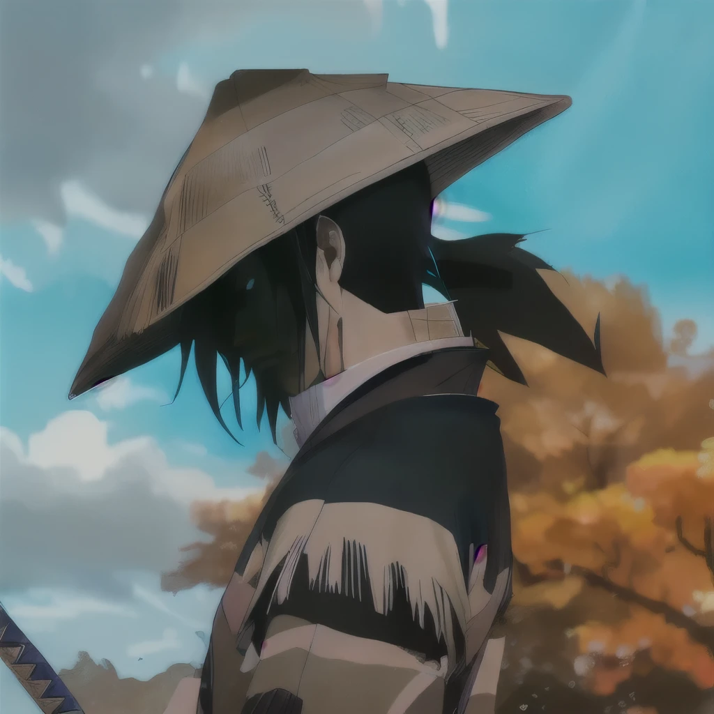 anime character with a hat and a sword in front of a tree, sasuke uchiha, itatchi uchiha, samurai champloo, itachi uchiha, afro samurai anime style, from naruto, afro samurai animes style, badass anime 8 k, anime character, handsome guy in demon slayer art, as an anime character, afro samurai style, urban samurai