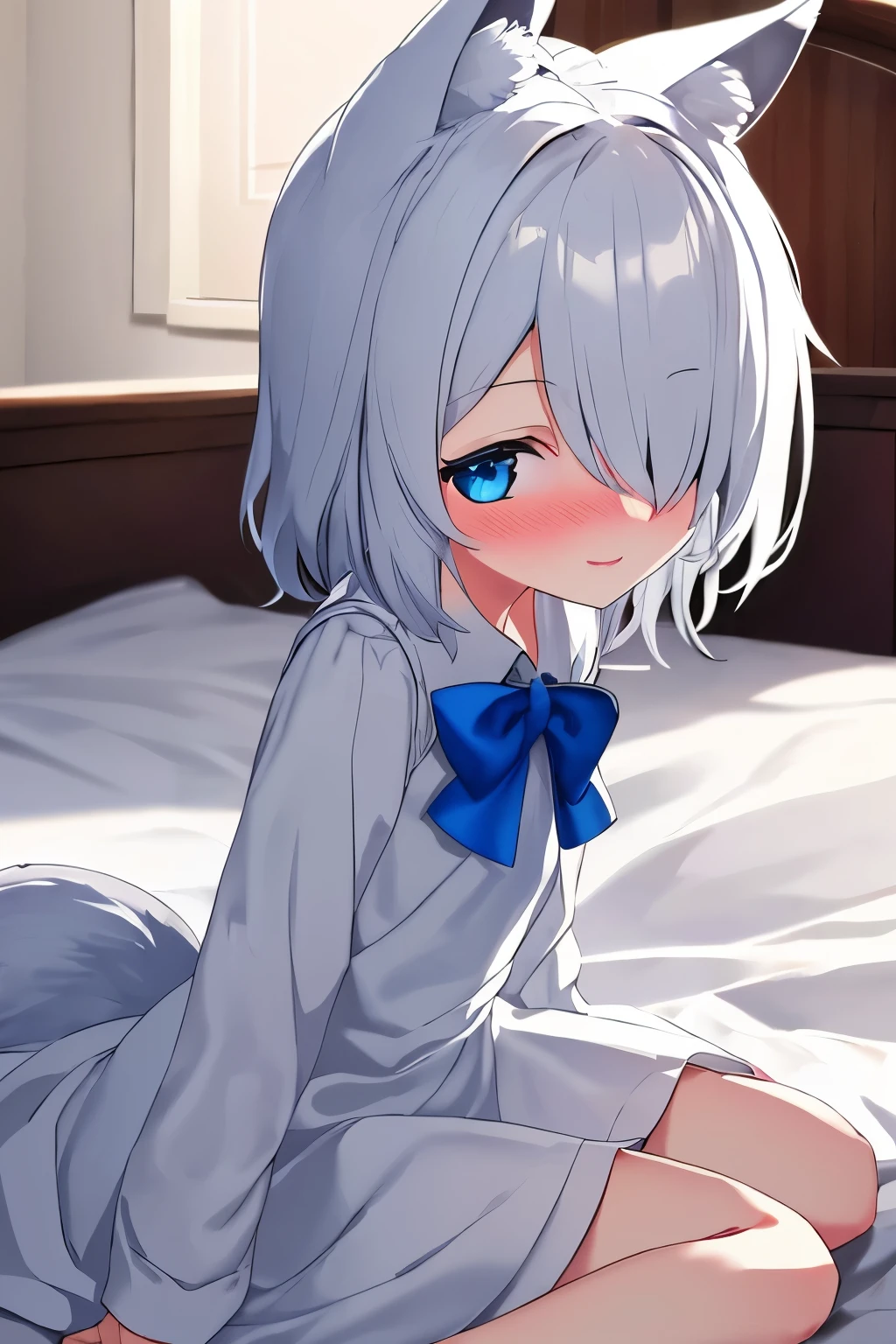 1girl, fox ears, blue eyes, white hair, hair over one eye, from side, pov, sitting, bed sheet, light, nose blush, light smile, white dress, blue bow, sparkle,