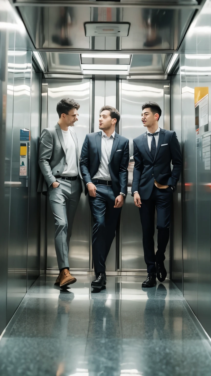 Three men riding in the elevator