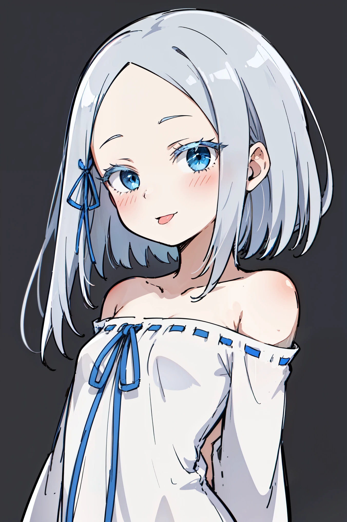 (masterpiece, best quality, ultra high quality, by quan, by mappa, sketch:1.1), ((portrait)), 1girl, solo, pandora, blue eyes, long hair, grey hair, white hair, forehead, blush, bangs, small breasts, parted bangs, barefoot, neutral, innexpressive, small smile, (tongue out, :P), silly, ((pddf)), dress, long sleeves, dress ribbon, hair ribbon, white dress, loose dress, blue ribbon, bare shoulders, (arms behind back), upper body, standing,, isometric lightning, white background, simple background