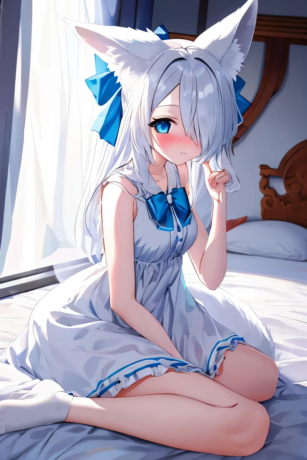 1girl, fox ears, blue eyes, white hair, hair over one eye, from side, pov, sitting, bed sheet, light, nose blush, light smile, white dress, blue bow, sparkle,