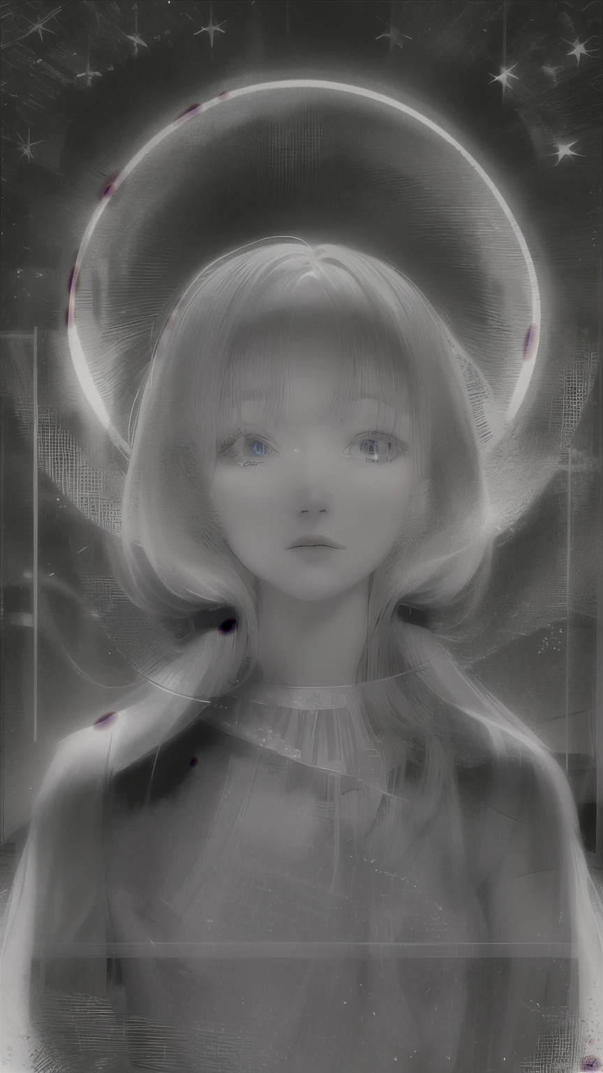 A blue and white photograph of a woman with a halo on her head., young pale ghost, imagen inquietante, imagen inquietantes, a frame of an ethereal, figura misteriosa, misterioso retrato espeluznante, yoko taro, artefacto jpeg pesado borroso, Oh! : : 5, face of a pale alien cultist, a stunning young ethereal figure, fantasma de una joven
