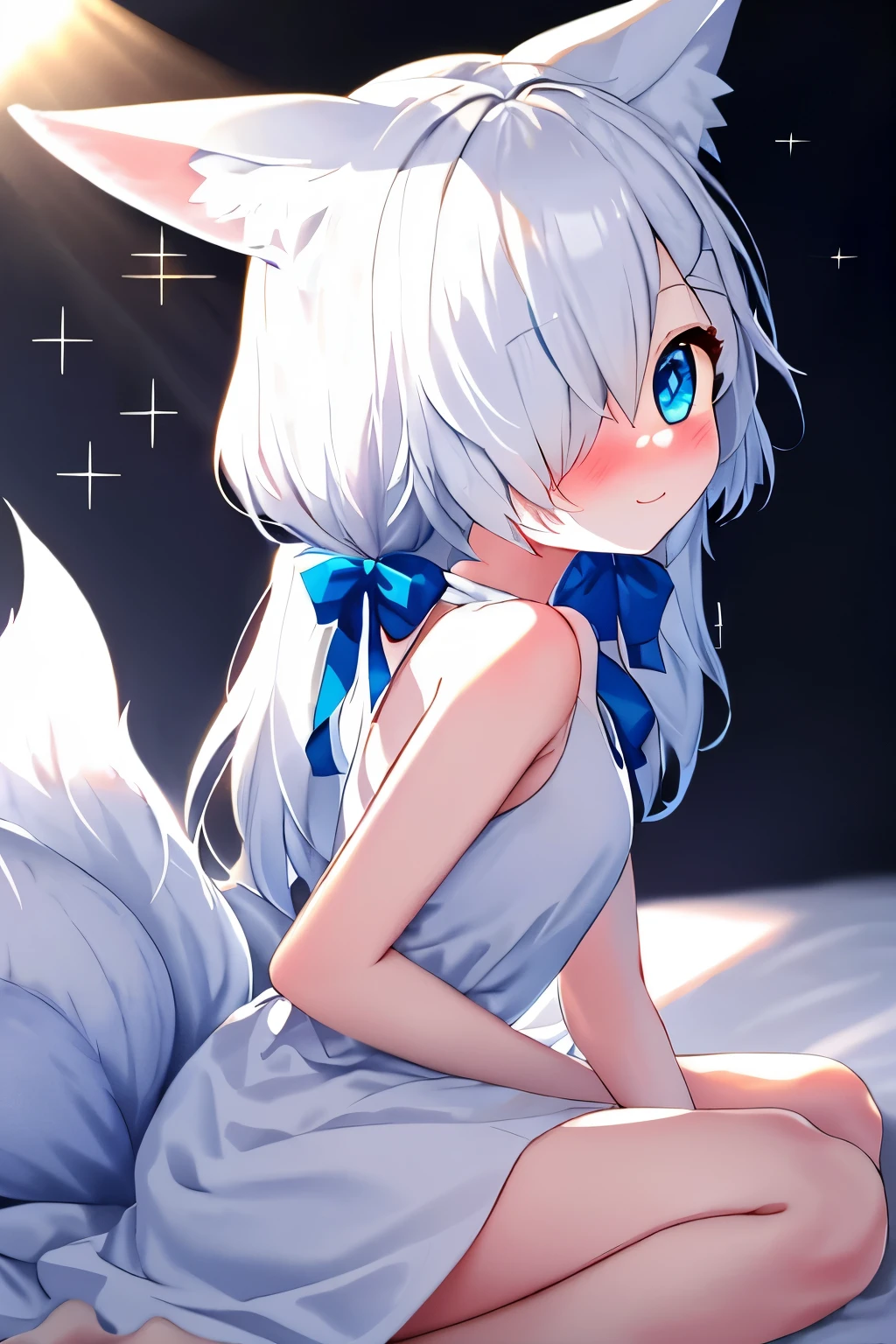 1girl, fox ears, blue eyes, white hair, hair over one eye, from side, pov, sitting, bed sheet, light, nose blush, light smile, white dress, blue bow, sparkle,