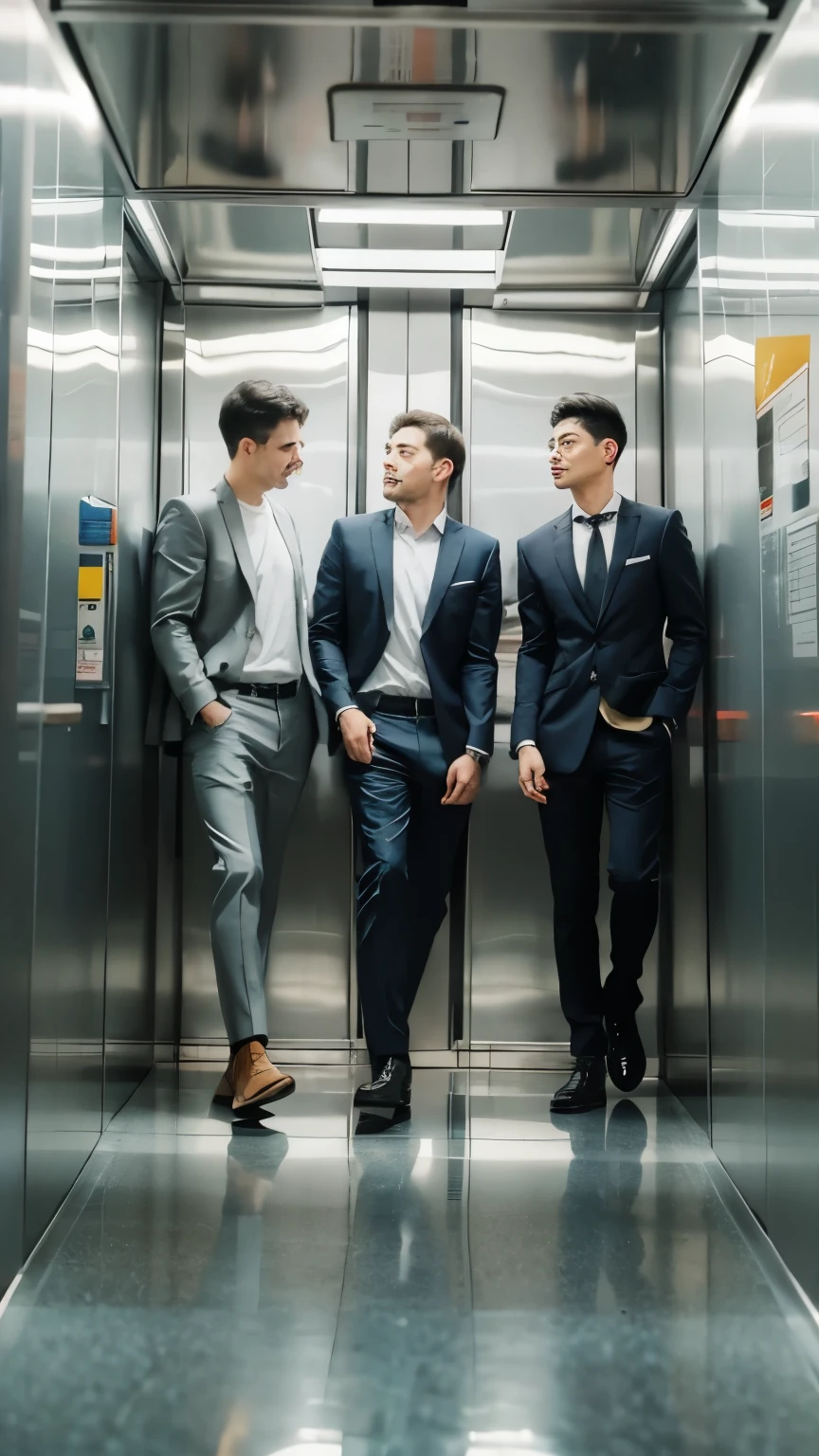 Three men riding in the elevator