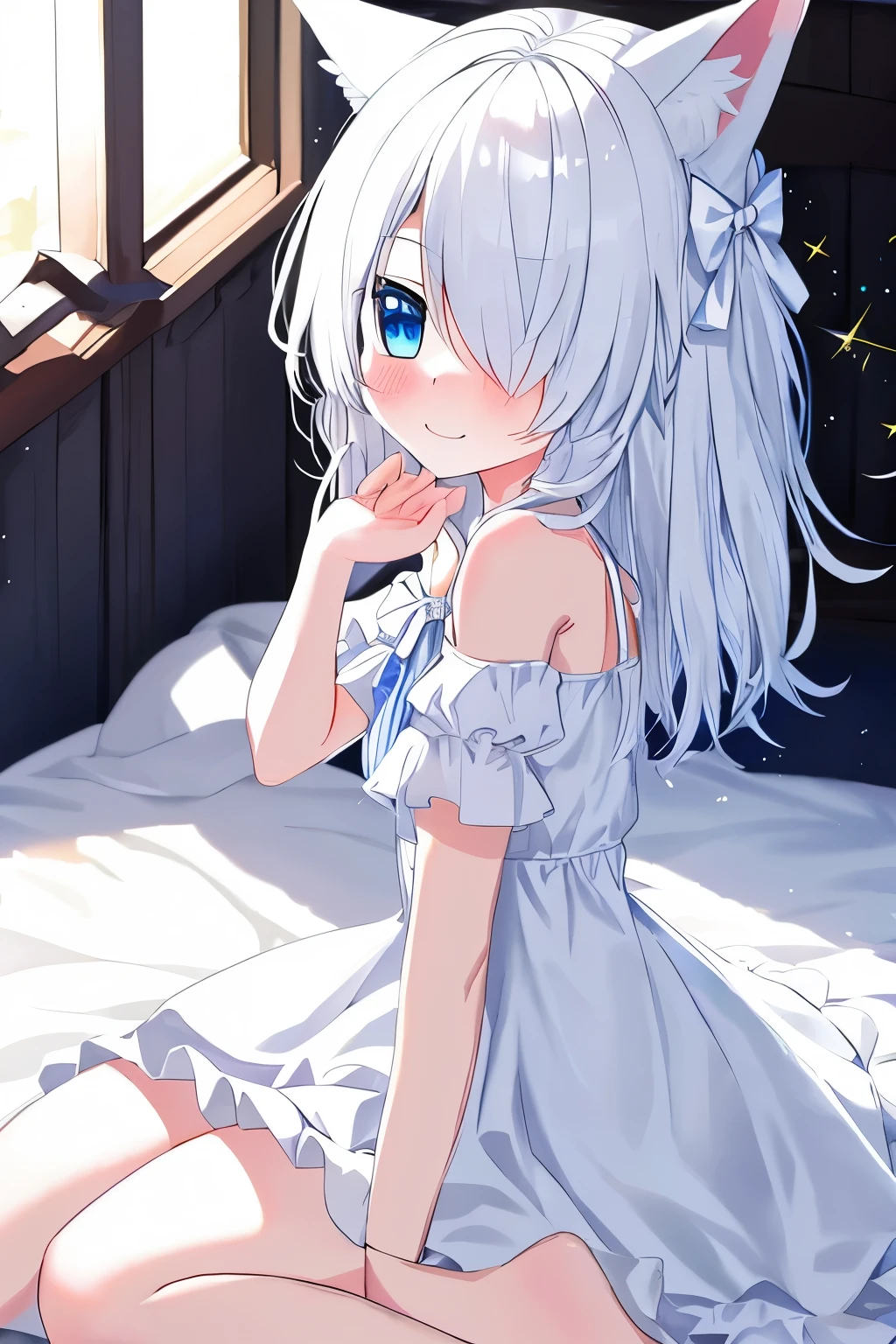 1girl, fox ears, blue eyes, white hair, hair over one eye, from side, pov, sitting, bed sheet, light, nose blush, light smile, white dress, blue bow, sparkle,