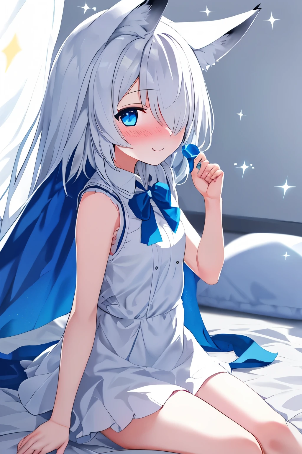 Anime girl with blue eyes sitting on a bed with a white sheet - SeaArt AI