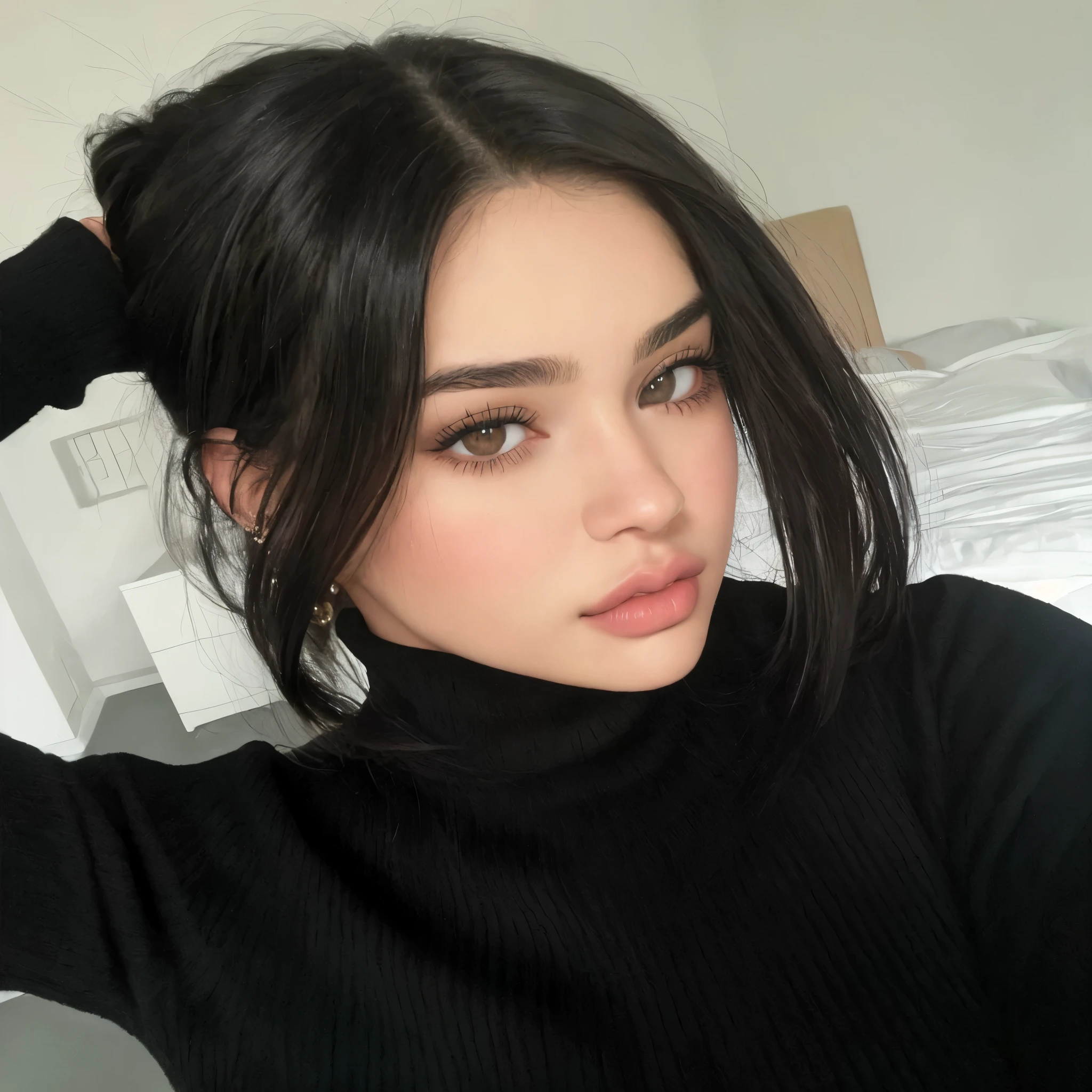 there is a woman in a black turtleneck sweater, cabello oscuro y maquillaje, pelo negro y ojos grandes, Kylie Jenner, hailee steinfeld, Retrato de Sophie Mudd, mirada sensual, Kendall Jenner, bella poarch, cerveza madison, maravilloso cabello oscuro, pelo negro y ojos marrones, Lucy Hale, charli bowater, selfie de una mujer joven