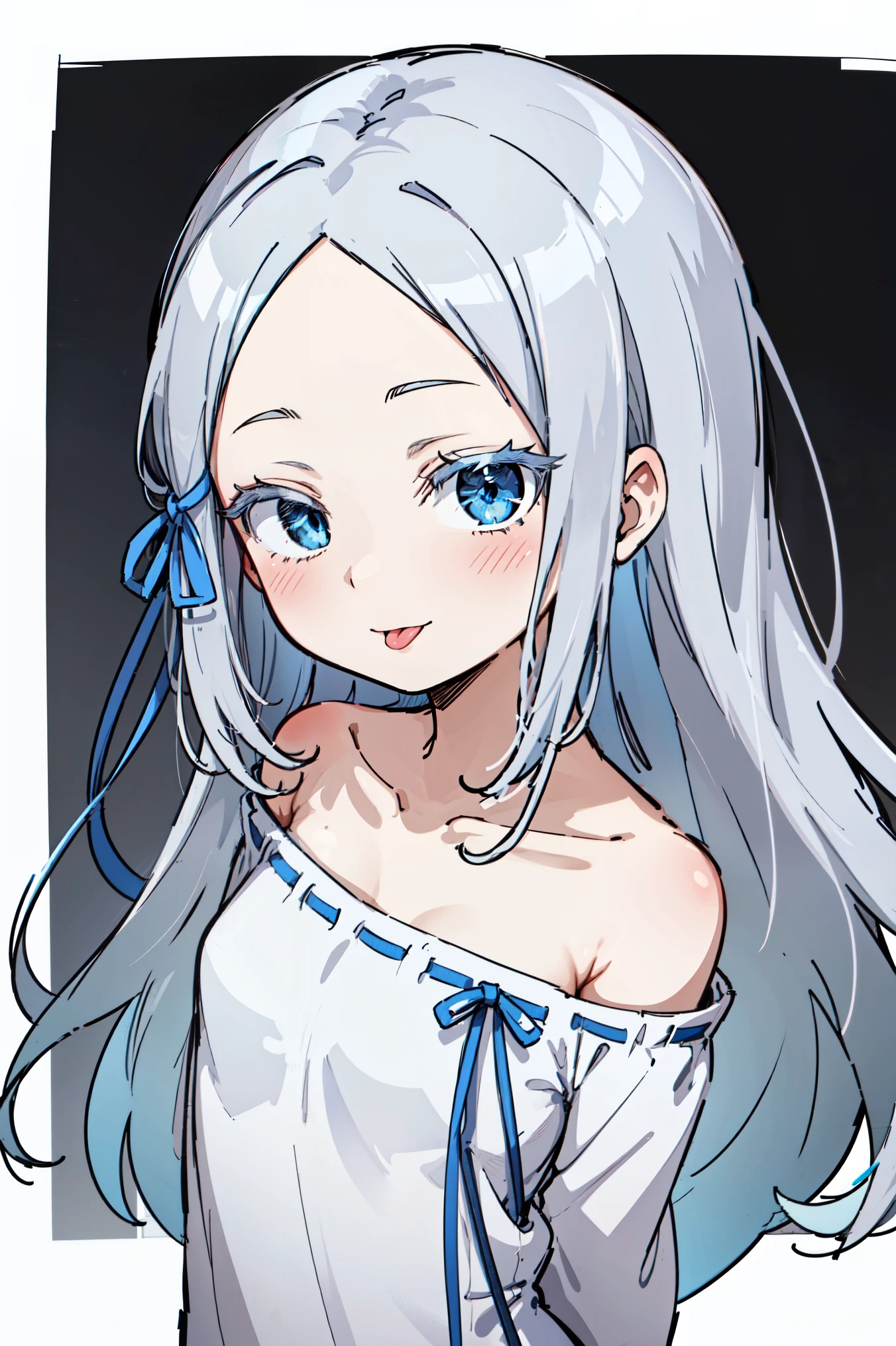 (masterpiece, best quality, ultra high quality, by quan, by mappa, sketch:1.1), ((portrait)), 1girl, solo, pandora, blue eyes, very long hair, grey hair, white hair, forehead, blush, bangs, small breasts, parted bangs, barefoot, neutral, innexpressive, small smile, (tongue out, :P), silly, ((pddf)), dress, long sleeves, dress ribbon, hair ribbon, white dress, loose dress, blue ribbon, bare shoulders, (arms behind back), upper body, standing,, isometric lightning, white background, simple background