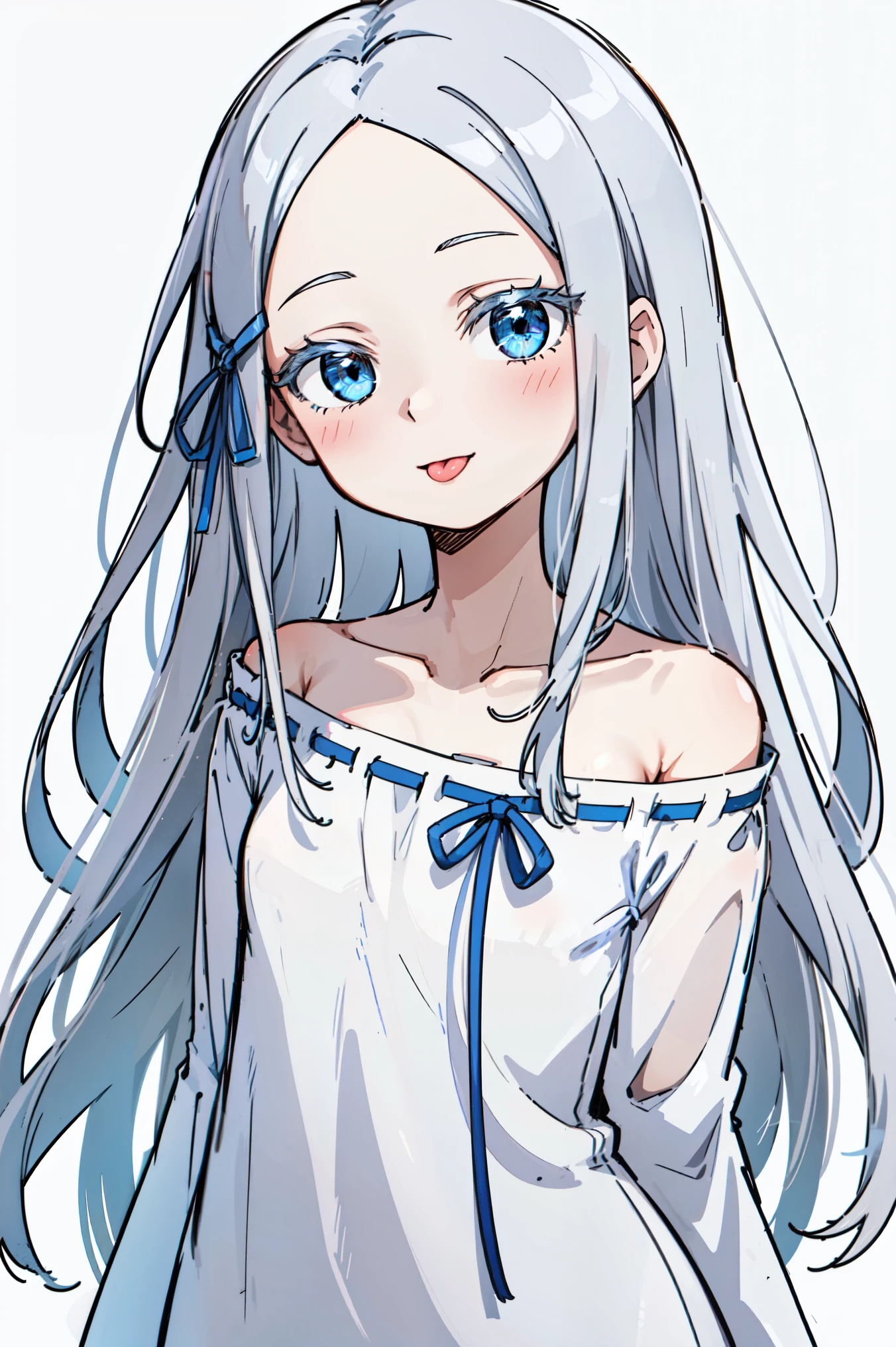 (masterpiece, best quality, ultra high quality, by quan, by mappa, sketch:1.1), ((portrait)), 1girl, solo, pandora, blue eyes, very long hair, grey hair, white hair, forehead, blush, bangs, small breasts, parted bangs, barefoot, neutral, innexpressive, small smile, (tongue out, :P), silly, ((pddf)), dress, long sleeves, dress ribbon, hair ribbon, white dress, loose dress, blue ribbon, bare shoulders, (arms behind back), upper body, standing,, isometric lightning, white background, simple background