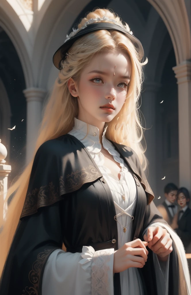 { - anatomy error}(Masterpiece - Ultra-detailed, very high resolution) Prepare to be enchanted by a true masterpiece that combines ultra-detailed art with high-resolution rendering. This work depicts a mesmerizing woman with very long blond hair (1.3) and captivating gray eyes (1.2), emanating an aura of elegance and mystery in Victorian settings. The intricate details and realistic textures invite you to explore every aspect of this enchanting composition. Woman wearing beautiful classic Victorian costume from the year 1878. Red lips. Happy face. Smiling. white (white) dress. Outside of the castle, backwards, looking back, upper body. dynamic poses. Get ready to dive into a world where beauty and craftsmanship merge perfectly.