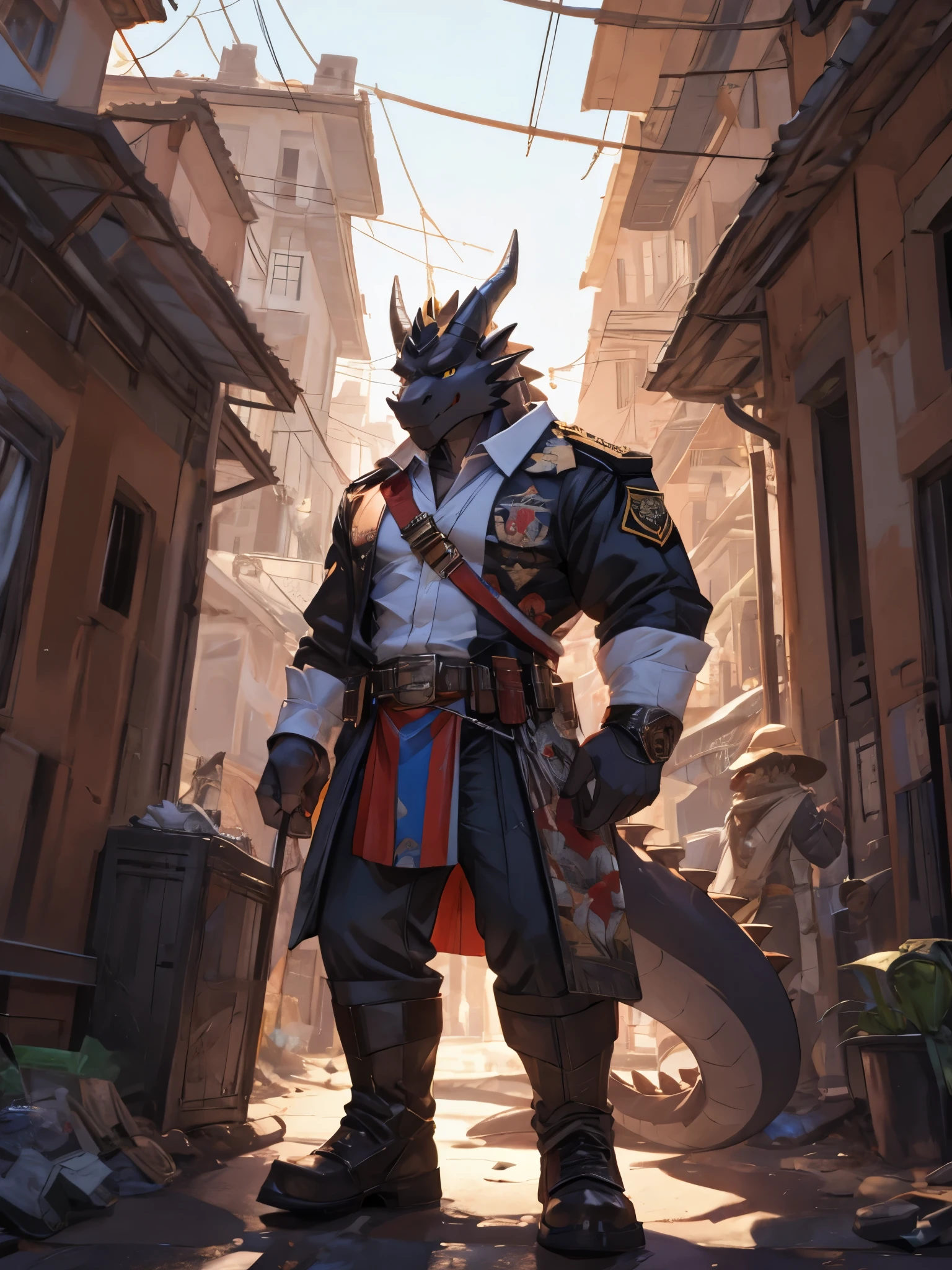 masterpiece, Anthropomorphic black dragon, white belly,There is a pair of beautiful dragon horns, black dragon scales,1 tail, very muscular body, nice, Wear a war shirt, street