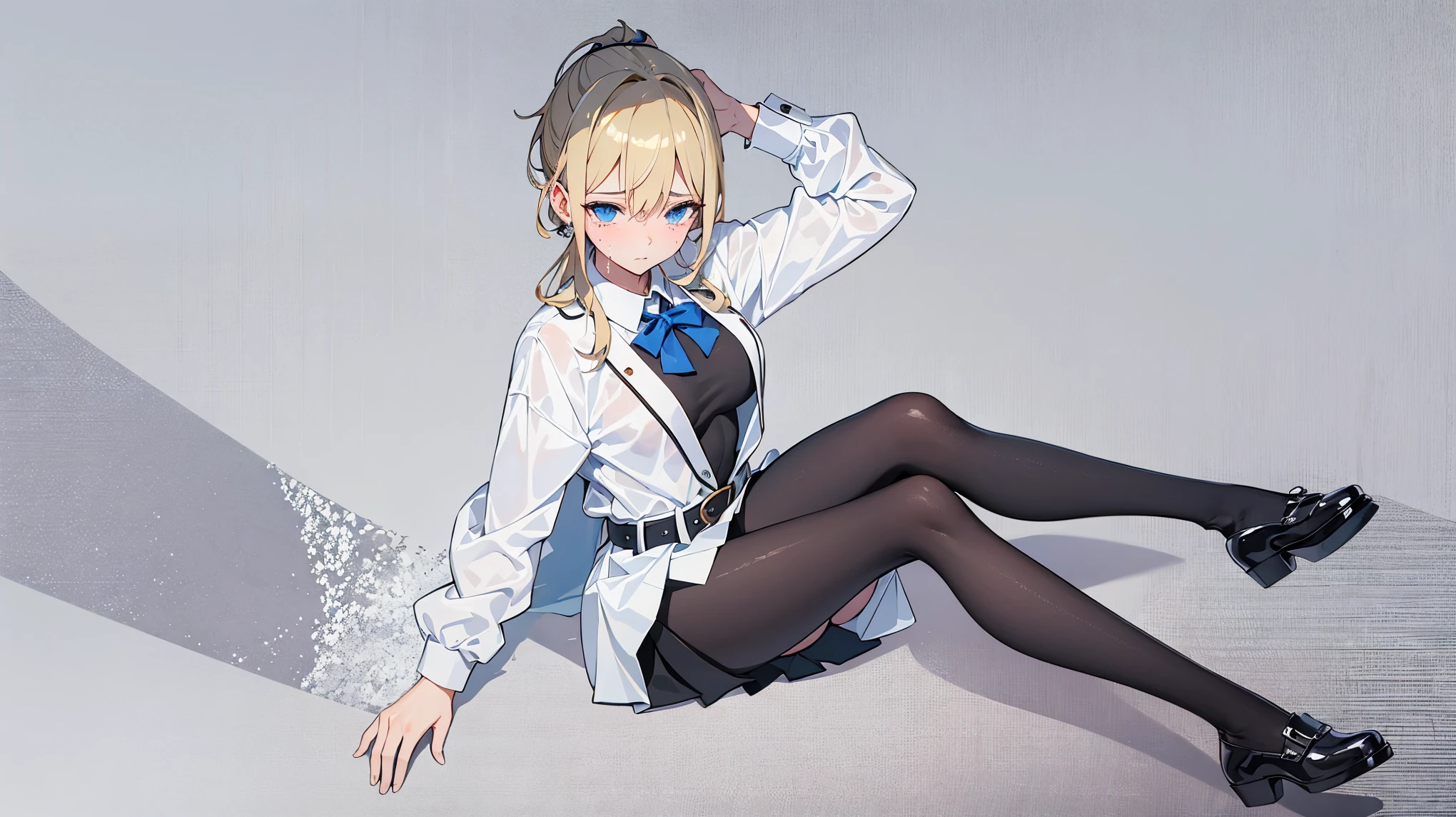 ((best quality)), ((masterpiece)), (detailed), 1 girl，blond，Single ponytail，blue eyes，tearful eyes，medium breasts，White shirt，black tie，belt，short pleated skirt