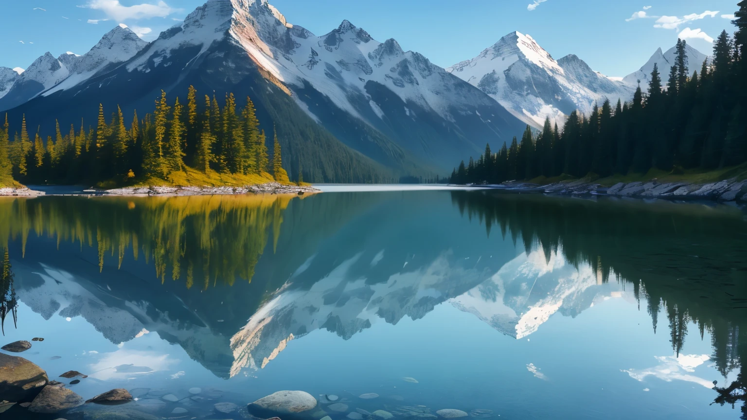 A crystal-clear mountain lake, mirroring the majestic peaks and lush forests surrounding it, glistens in the sunlight. This stunning photograph captures the serene beauty of the landscape, with every detail of the rugged mountains and vibrant foliage reflected flawlessly in the tranquil water. The clarity and depth of the reflection create a mesmerizing scene that feels almost surreal, inviting viewers to immerse themselves in the pristine wilderness.