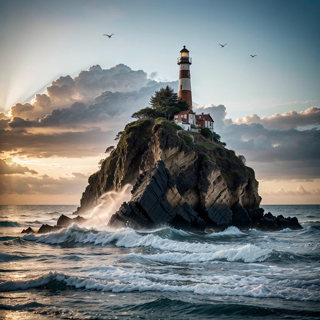 best quality, highres, ultra-detailed, realistic, vibrant colors, stunning lighting, HDR, beautiful lighthouse, picturesque coastal landscape, crashing waves, golden sunset, tranquil atmosphere, rocky cliffs, swirling seagulls, glowing beacon, dramatic sky, glowing stars, seashell-covered sand, misty ocean breeze, stillness and serenity.