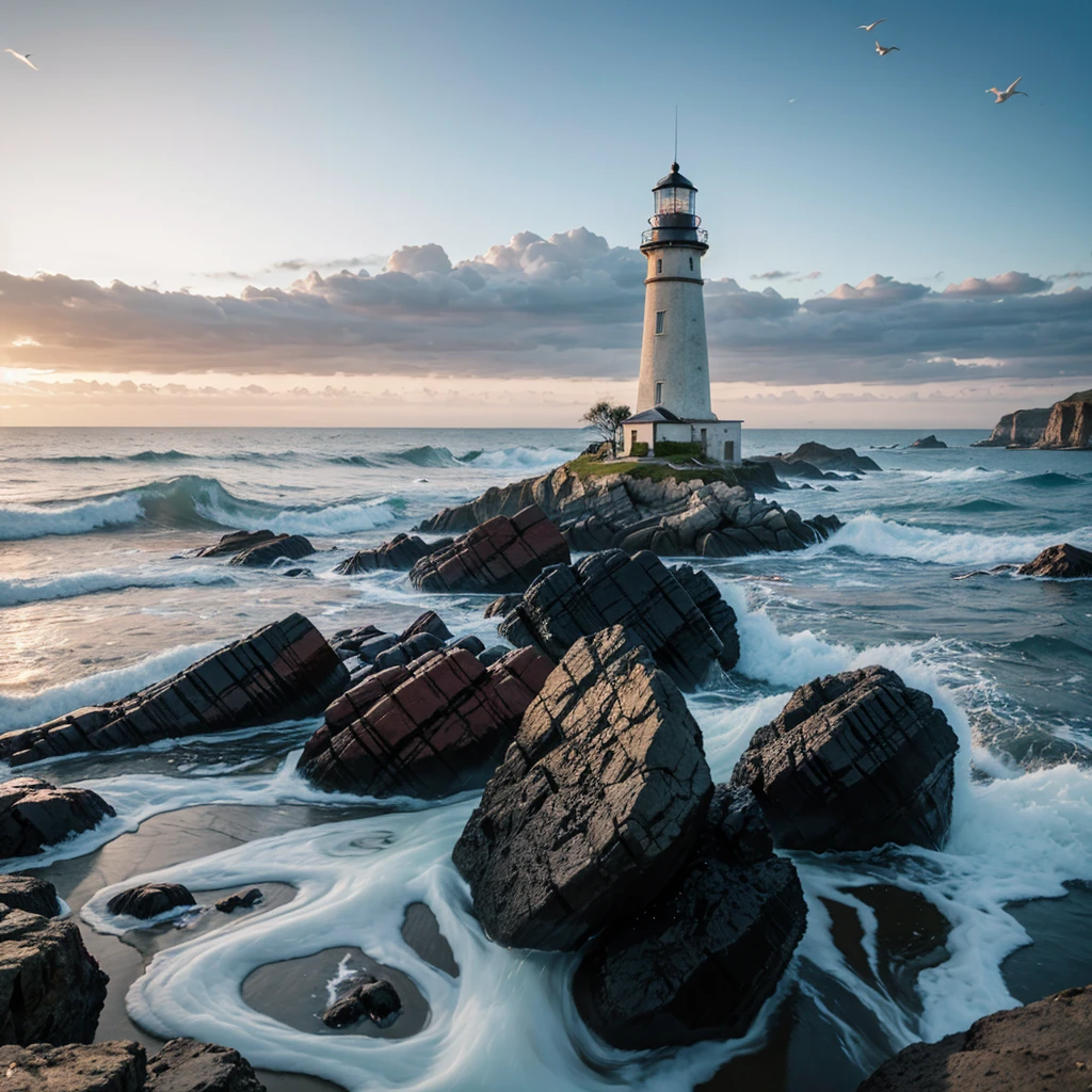 best quality, highres, ultra-detailed, realistic, vibrant colors, stunning lighting, HDR, beautiful lighthouse, picturesque coastal landscape, crashing waves, golden sunset, tranquil atmosphere, rocky cliffs, swirling seagulls, glowing beacon, dramatic sky, glowing stars, seashell-covered sand, misty ocean breeze, stillness and serenity.