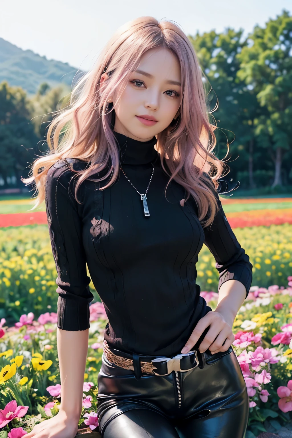 (8K, top-quality, masterpiece:1.2), (realistic, photorealistic:1.37), Super Detail, One girl, (Highly detailed), (beautifully detailed eyes), (of the highest quality), (super detailed), (masterpiece), (Detailed face),20yr old, 1 girl, (pink hair, long hair), medium breasts, clothed, Perfect Lighting, BRAKE, (silk camisole:1.3), (black bodycon knit sweater:1.4), (high-waisted leather leggings:1.4), (body-fitted silhouette:1.2), (metal zippers and buckles:1.3), (black knee-high boot socks:1.2), (stylish lace-up leather boots:1.3), (silver body chain:1.2), (black leather choker:1.2), BRAKE, (waist-up:1.2), (pink long hair, loose curls:1.3), (gentle smile, looking at camera:1.4), (one hand on hip, other gently picking a flower:1.5), (colorful flower field background:1.4), (soft natural lighting:1.3)