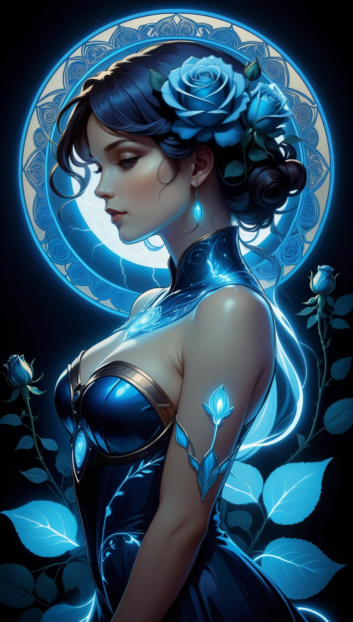 [[[artist by mucha]]]，On a dark background, blue electric charges form a stylized silhouette of a electric girl  rose , bioluminescence