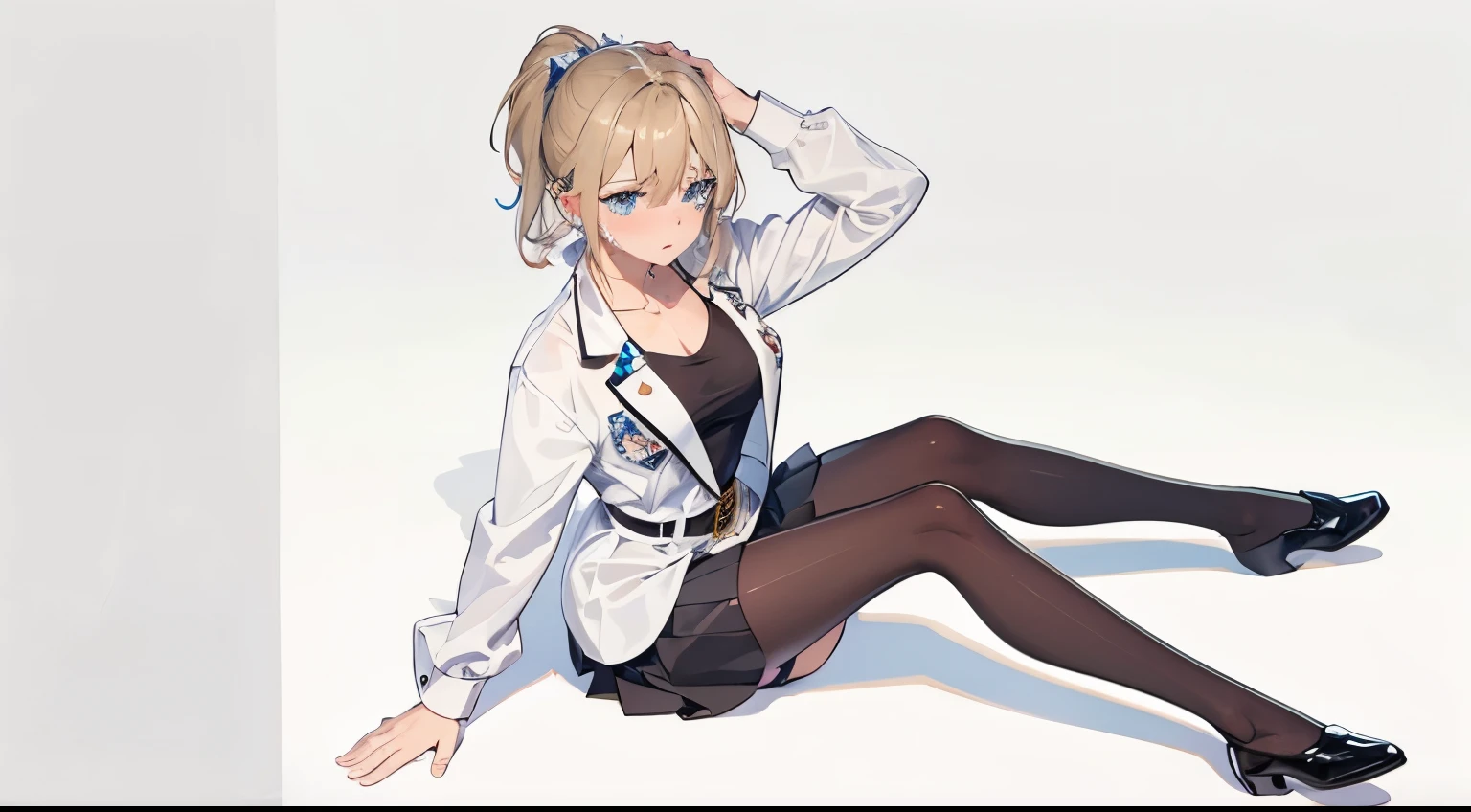 ((best quality)), ((masterpiece)), (detailed), 1 girl,blond,Single ponytail,blue eyes,tearful eyes,medium breasts,White shirt,black tie,belt,short pleated skirt