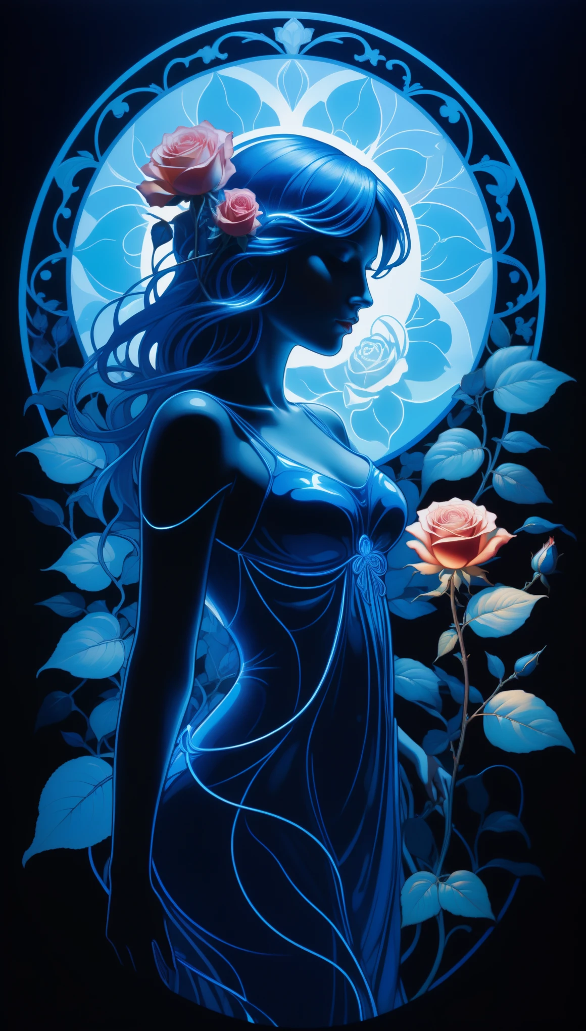 [[[artist by mucha]]]，On a dark background, blue electric charges form a stylized silhouette of a electric girl rose , bioluminescence