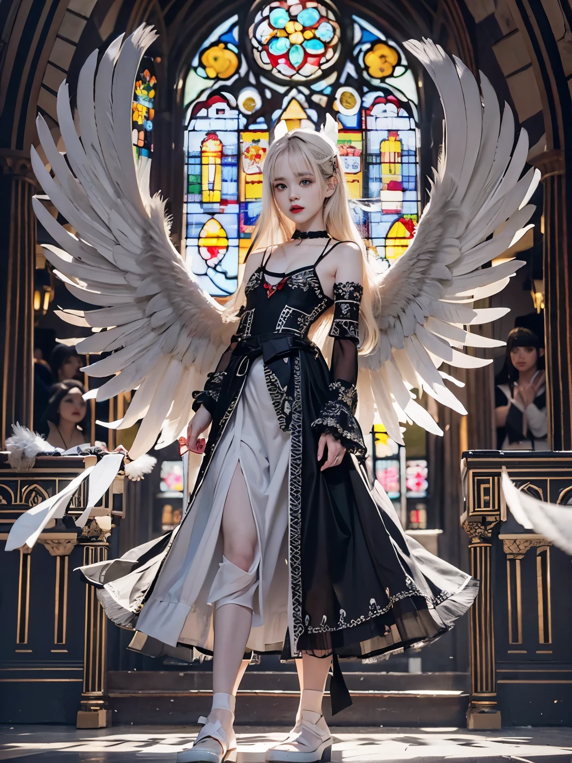 8K, Raw photo, Photorealistic, (Detailed skin, Best Quality:1.2), (white and black angel wings), Teenage Japanese girl with mixed white and black angel wings in the dark church, ((black long dress, black lolita dress)), (((flat chest:1.4))), (light blonde hair:1.2, long straight hair, blunt bangs), (Neat face, Parted lips:1.3, eye shadow, eyeliner, red lips, dark circles under the eyes, pale skin), translucent black cloth is wrapped around the body, light shining from the ceiling, stained glass, spot lighting:1.3