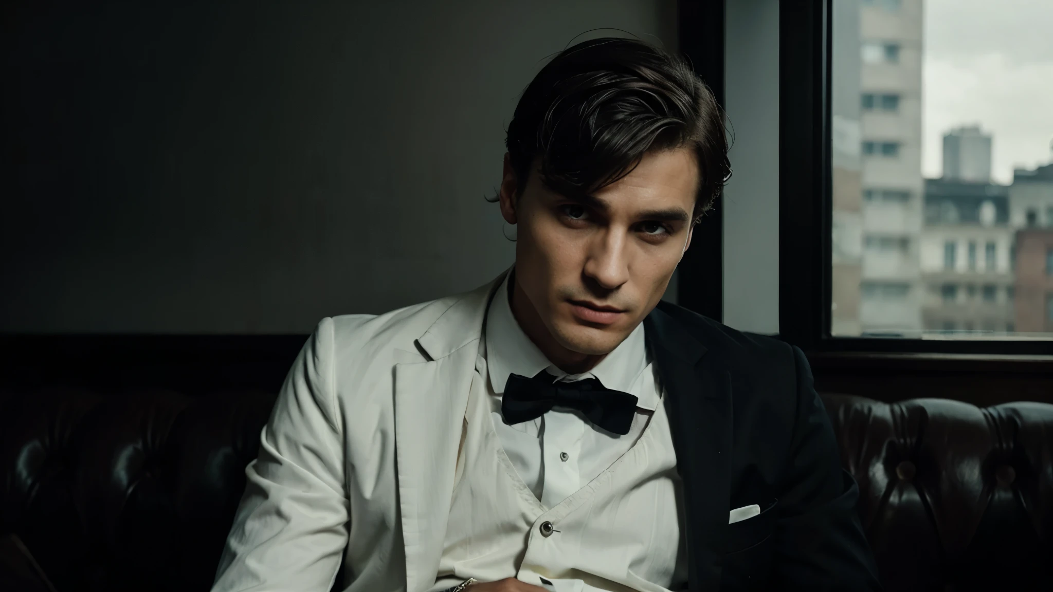 Serious man in suit and black tie Thomas Shelby style