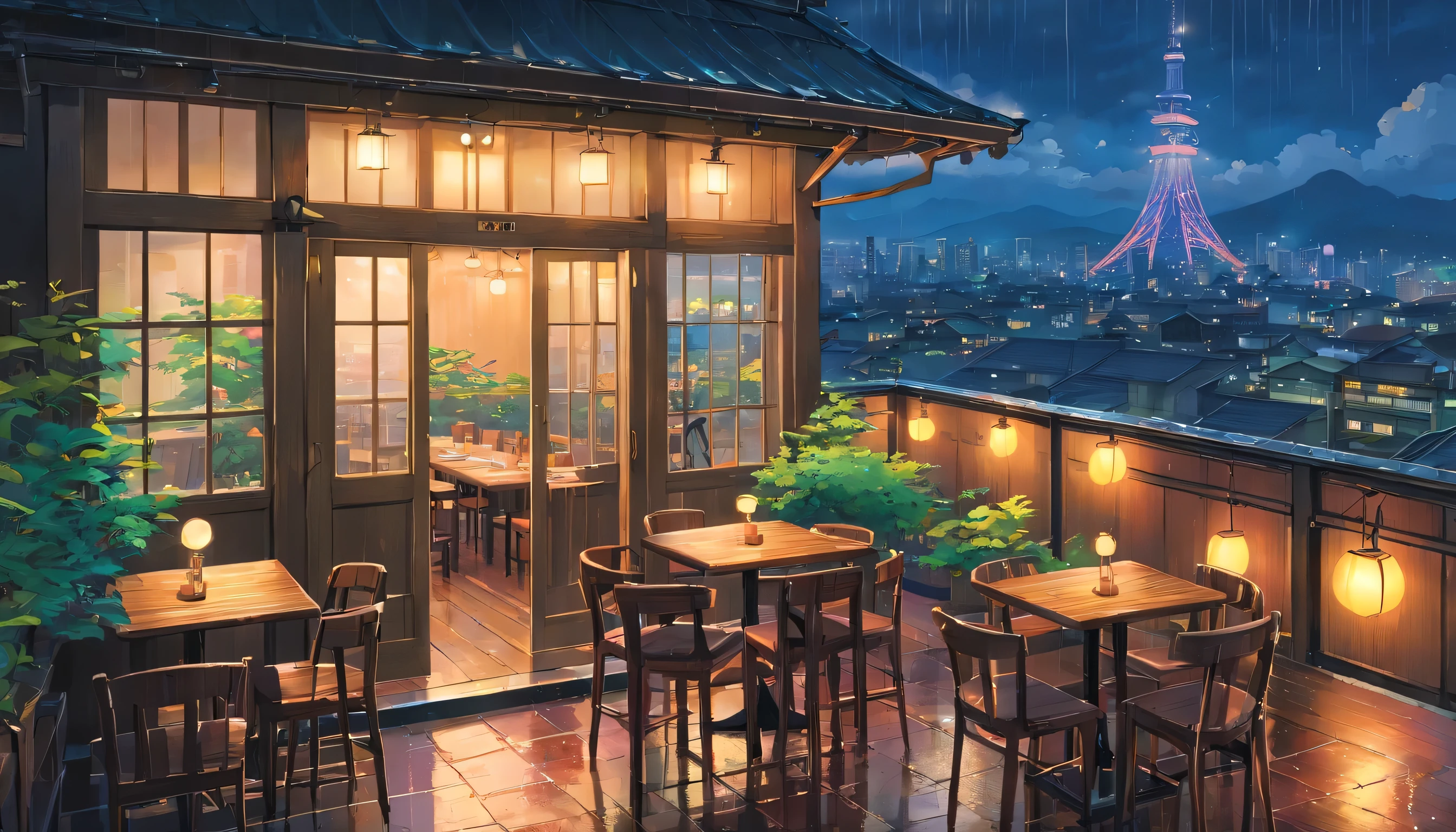 there is a wooden table and chairs on a balcony overlooking the city, Situated on the roof of Tokyo, Chovendo la fora the cafe, noite chuvosa, Atmosfera chuvosa e sombria, atmosfera chuvosa, heavy rainning at tokyo night, Chovendo la fora, dia depois de chover, rainy and wet atmosphere, un restaurant avec une terrasse, Tarde chuvosa, chuva caindo, rainy outside