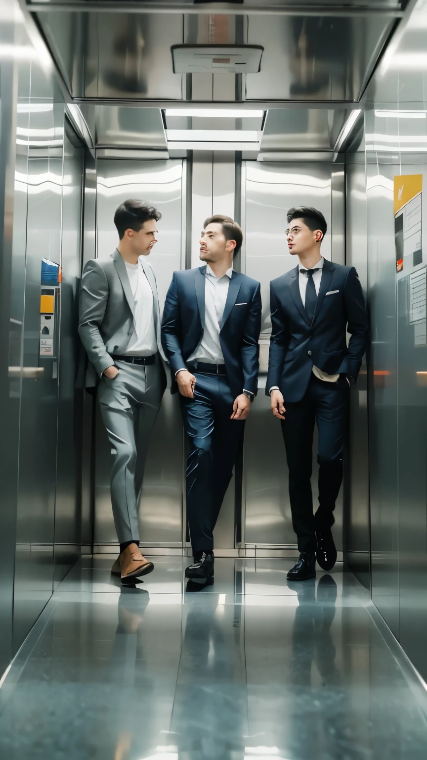 (best quality,realistic),(dark,moody) portraits,three men,clear facial features,+detailed expressions,formal attire,+professional,+confident,office setting,+modern,+brightly lit,elevator,+glass doors,+numbered floors,+metal panels,+reflection on the floor,neutral background