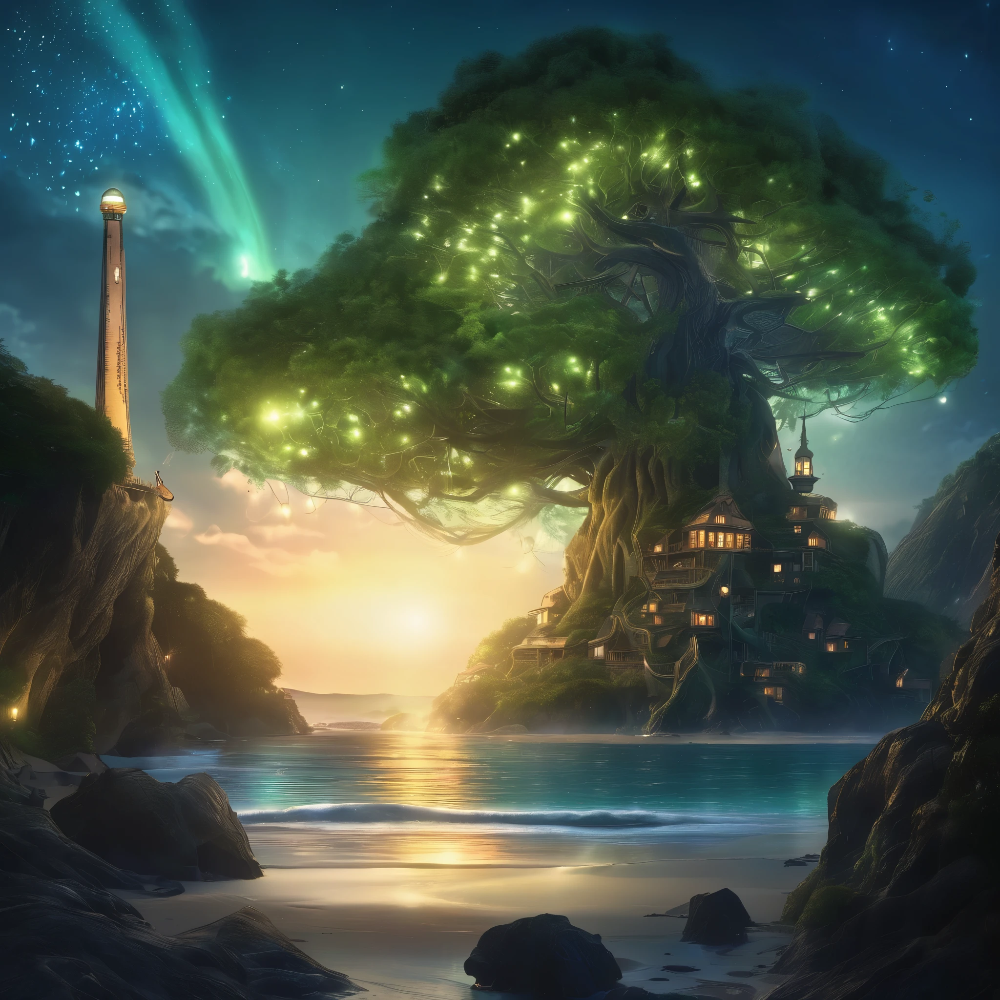 On a the shore of a fantasy world, an Elven tree city is near the coast, and on the coast is an immense tree with glowing nodules acting as a (light house), it is night, light tree is shining bright