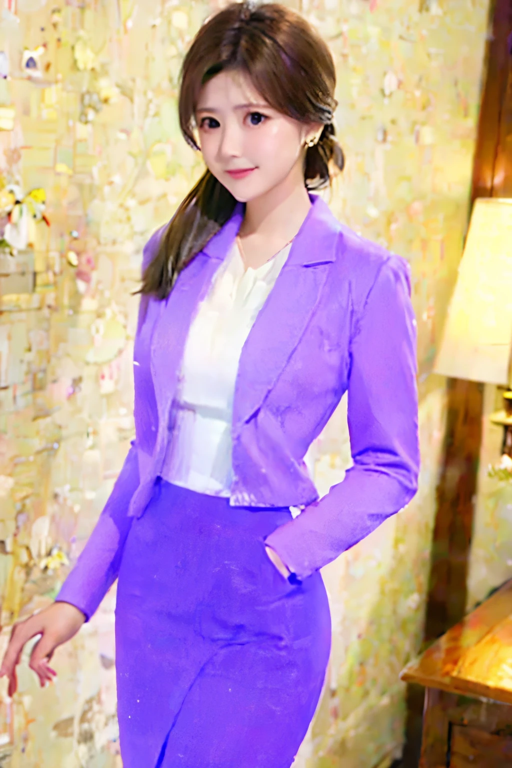 fujino ninno, light_brown  hair,wearing a lavender suit, skirt, white blouse,high quality,4k,