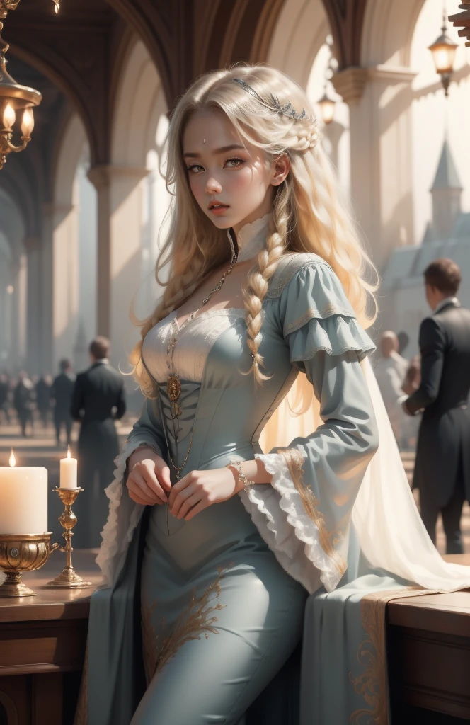 { - anatomy error}(Masterpiece - Ultra-detailed, very high resolution) Prepare to be enchanted by a true masterpiece that combines ultra-detailed art with high-resolution rendering. This work depicts a mesmerizing woman with very long blond hair (1.3) and captivating gray eyes (1.2), emanating an aura of elegance and mystery in Victorian settings. The intricate details and realistic textures invite you to explore every aspect of this enchanting composition. Woman wearing beautiful classic Victorian costume from the year 1878. Red lips. Happy face. Smiling. white (white) dress. Outside of the castle, backwards, looking back, upper body. dynamic poses. Get ready to dive into a world where beauty and craftsmanship merge perfectly.
