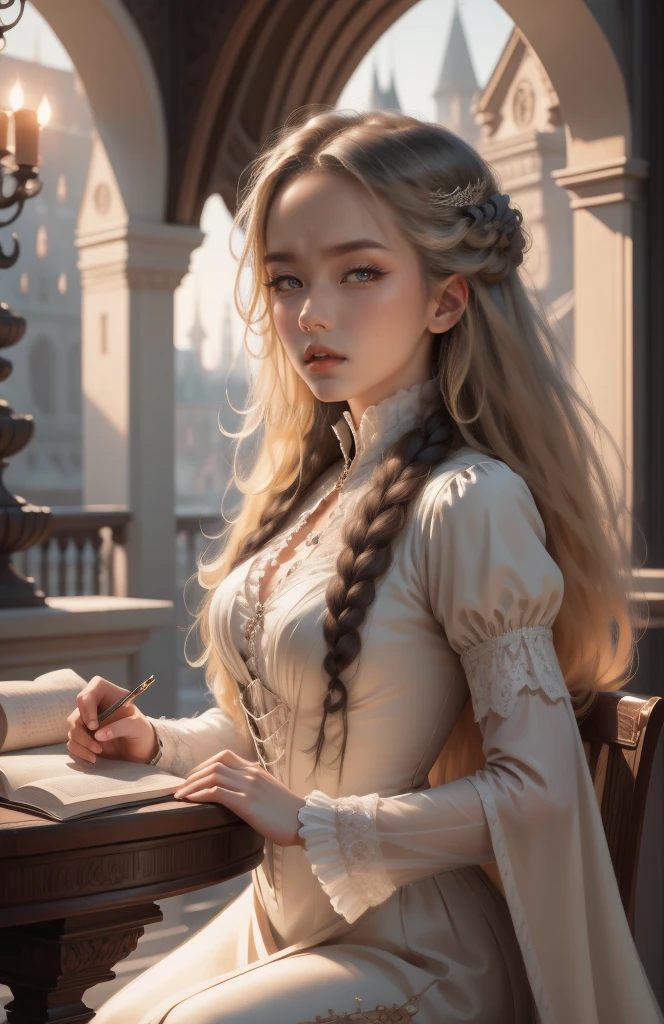 { - anatomy error}(Masterpiece - Ultra-detailed, very high resolution) Prepare to be enchanted by a true masterpiece that combines ultra-detailed art with high-resolution rendering. This work depicts a mesmerizing woman with very long blond hair (1.3) and captivating gray eyes (1.2), emanating an aura of elegance and mystery in Victorian settings. The intricate details and realistic textures invite you to explore every aspect of this enchanting composition. Woman wearing beautiful classic Victorian costume from the year 1878. Red lips. Happy face. Smiling. white (white) dress. Outside of the castle, backwards, looking back, upper body. dynamic poses. Get ready to dive into a world where beauty and craftsmanship merge perfectly.