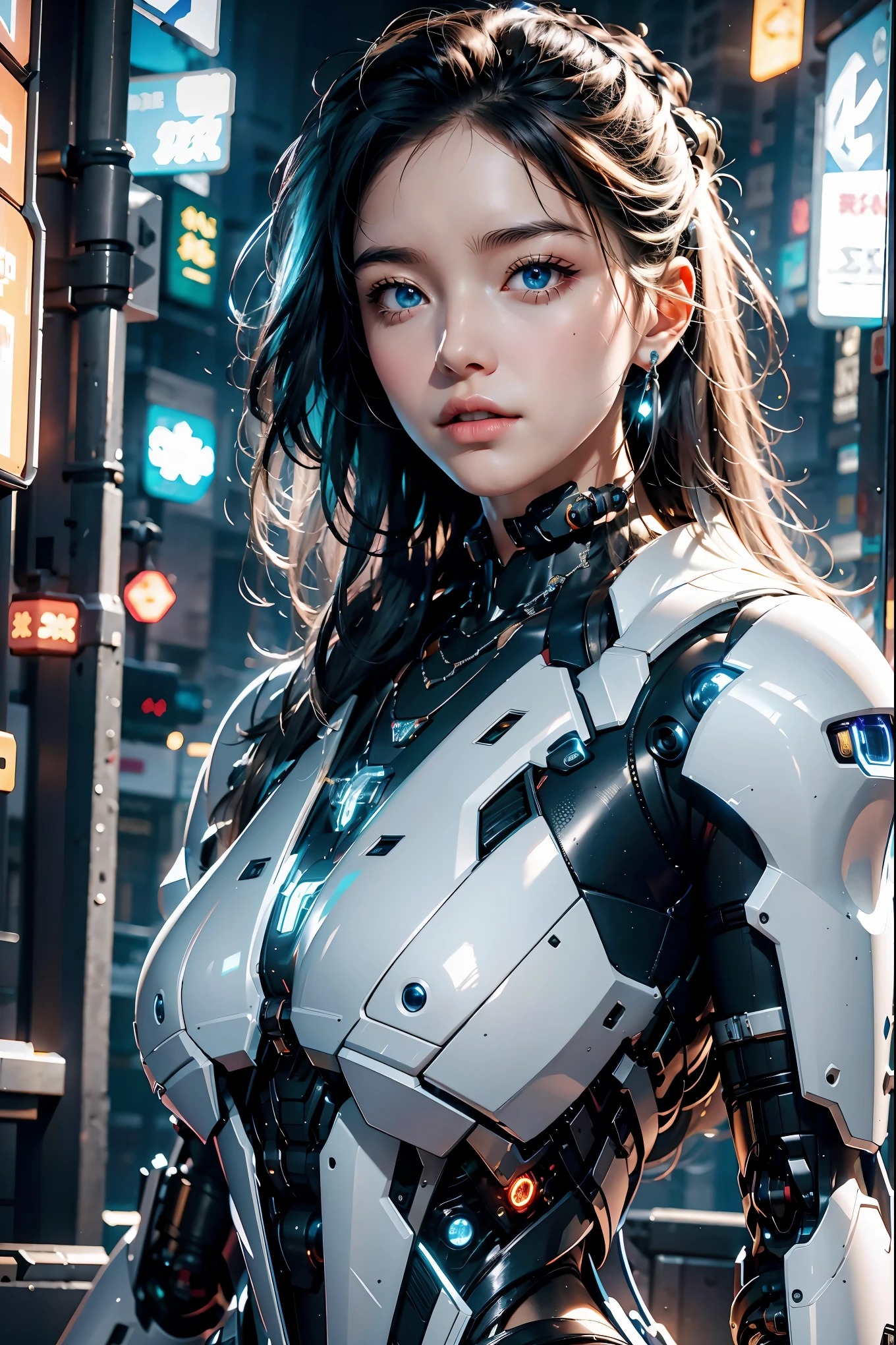 best quality,masterpiece,16k,1girl,blue eyes,glowing,looking at viewer,parted lips,realistic,Chest Glow,Silver all metal mecha,necklace,Black to white gradient hair,Full body mecha,Positive close-up,Silver glowing mecha on chest,science fiction,short hair,solo,upper body,Mecha,Hard surface,Streamlined mecha,Realistic materials,Glowing mecha,Multi light source mecha,night,Neon lights