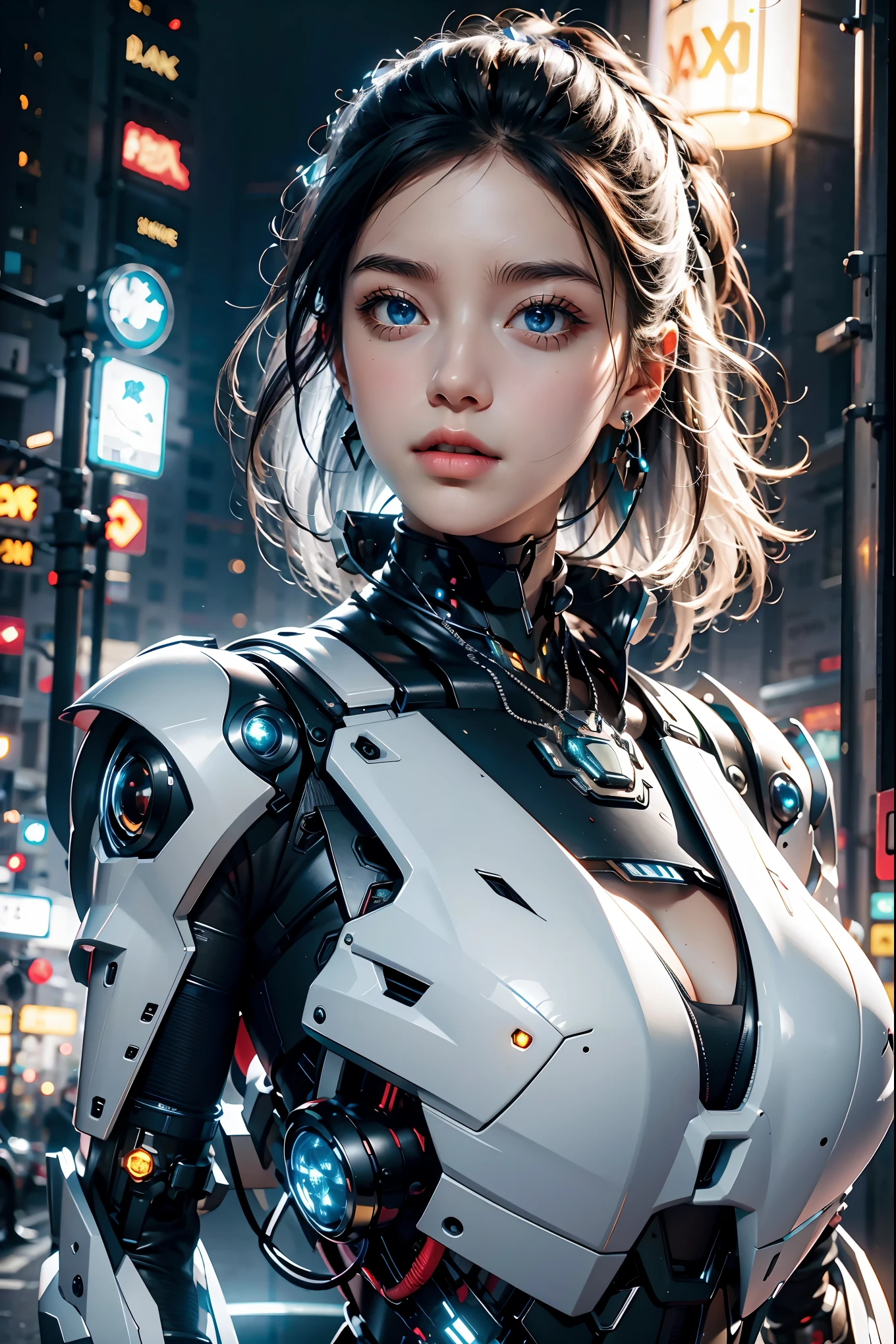 best quality,masterpiece,16k,1girl,blue eyes,glowing,looking at viewer,parted lips,realistic,Chest Glow,Silver all metal mecha,necklace,Black to white gradient hair,Full body mecha,Positive close-up,Silver glowing mecha on chest,science fiction,short hair,solo,upper body,Mecha,Hard surface,Streamlined mecha,Realistic materials,Glowing mecha,Multi light source mecha,night,Neon lights