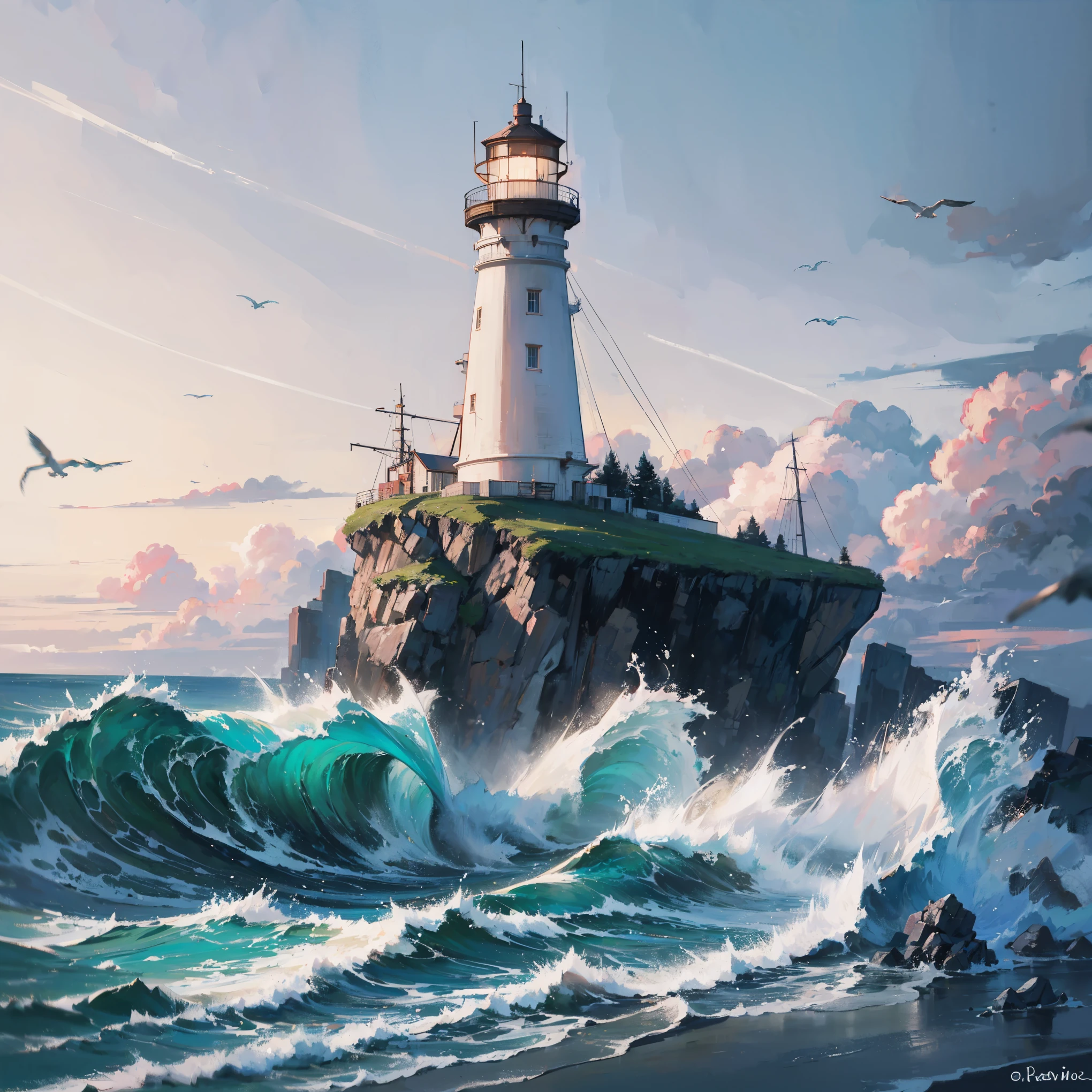 a (lighthouse:1.2) standing tall on a rocky cliff, illuminating the dark night, guiding ships to safety, surrounded by crashing waves and seagulls flying around, the lighthouse emits a powerful and steady beam of light, reflecting off the water and creating a mesmerizing glow, the structure of the lighthouse is old and weathered, with rustic bricks and a spiraling staircase leading to the top, the scene is captured in a realistic and detailed medium of oil painting, with vibrant colors and fine brushstrokes, the mood is serene and tranquil, with a hint of mystery and adventure, the color palette is dominated by shades of blue and grey, symbolizing the vastness of the ocean and the treacherous nature of the sea, the lighting is soft and diffused, with a warm glow emanating from the lighthouse, creating a sense of comfort and safety amidst the darkness.