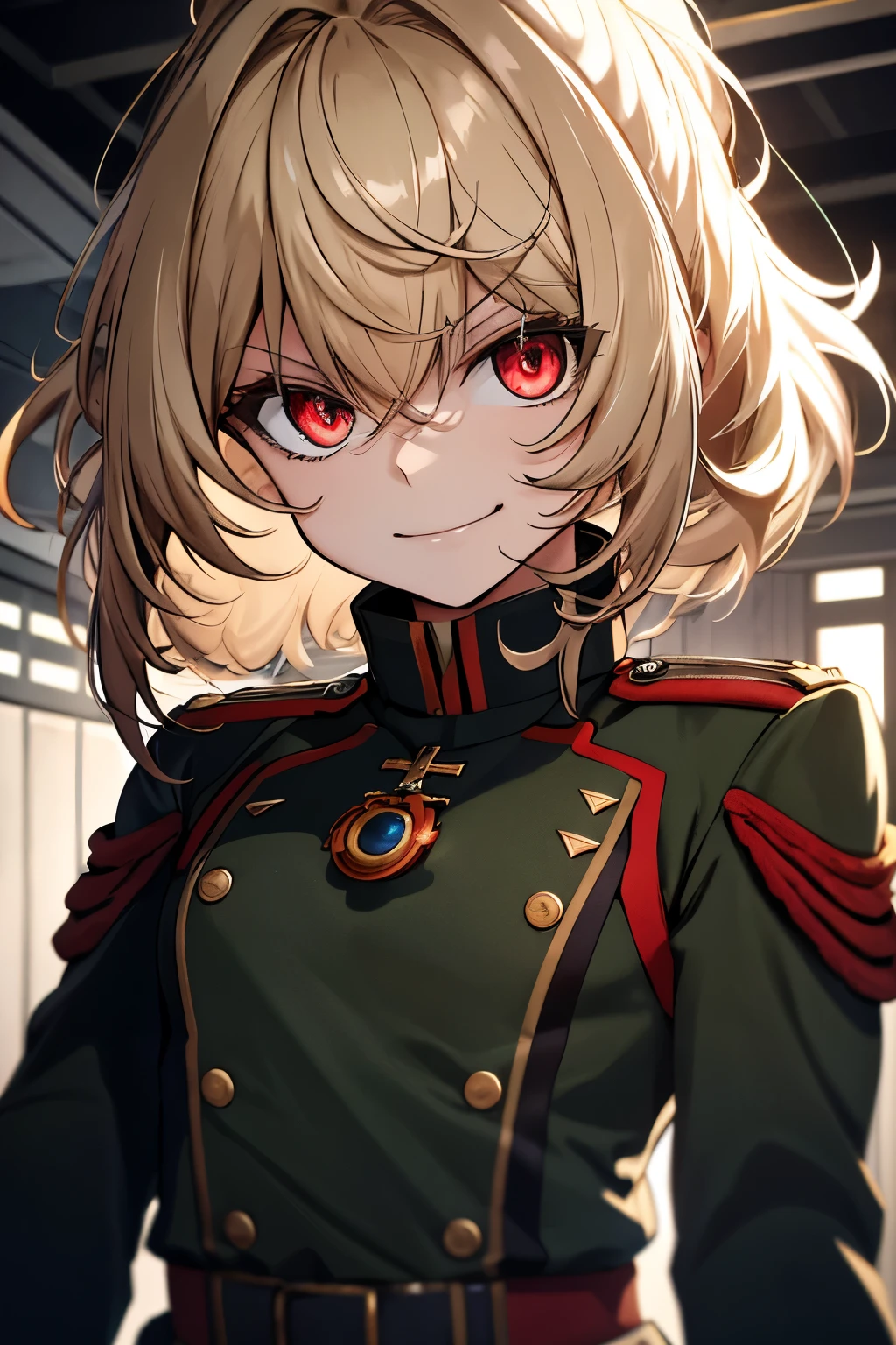 (masterpiece, best quality: 1.1), 1girl solo, tanya, 1girl, solo, , flat chest, small breasts, curvy, military, military uniform, ,, evil smile, wicked expression, anger, red eyes, neutral lighting