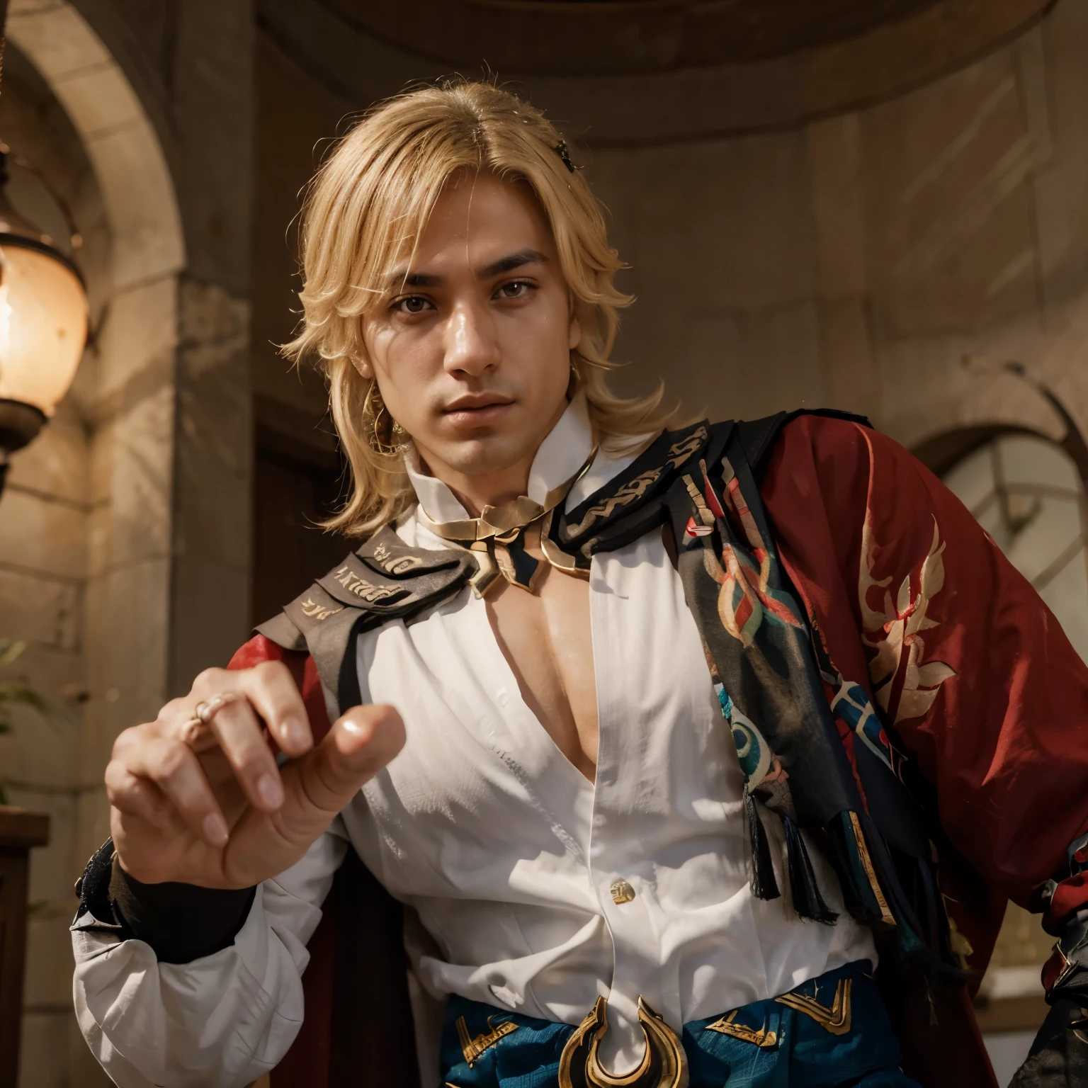 Kaveh from Genshin Impact Realistic Perfect Face Blonde Hair, Iranian, Red Eyes, Dynamic Pose, 1Male