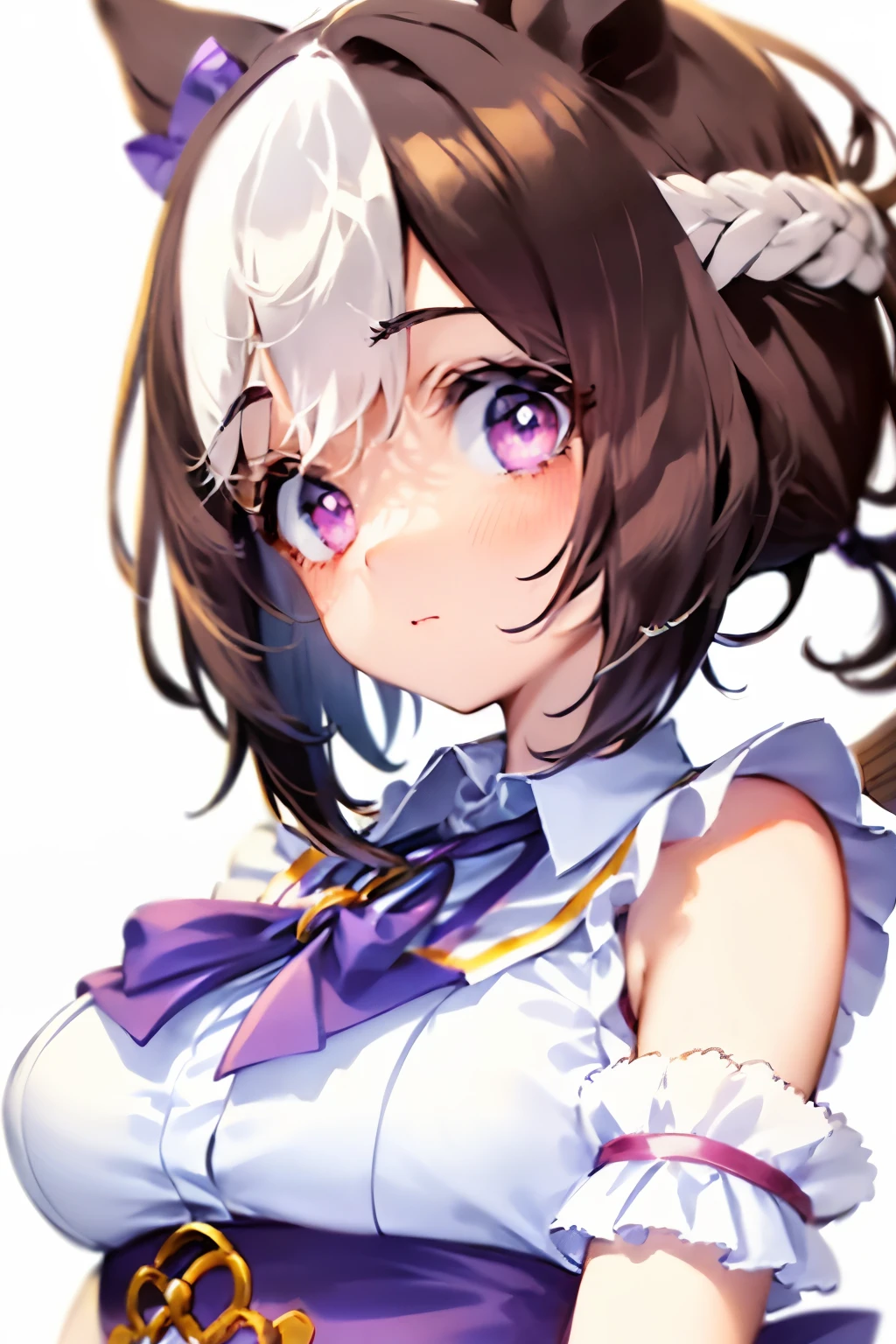 special_week_\(Umamusume)、bow ribbon、bow ribbon、bow ribbon、corsets、Fluffy breasts、nursing、toppless、teats、The upper part of the body、(Refers to the viewer:1.3)、Happiness、(White background:1.5)、(front-facing view:1.3)