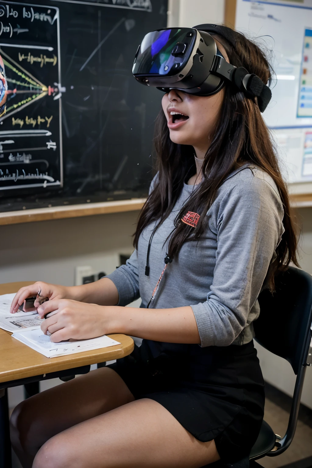 ((best quality)),((Social teacher in the 21st century)),((Teach a course on the history of warfare.)),((Through teaching with holograms)),((VR xr technology is used )),,(Image of students being excited about technology.)),In the classroom there are social studies equipment such as globes and maps.