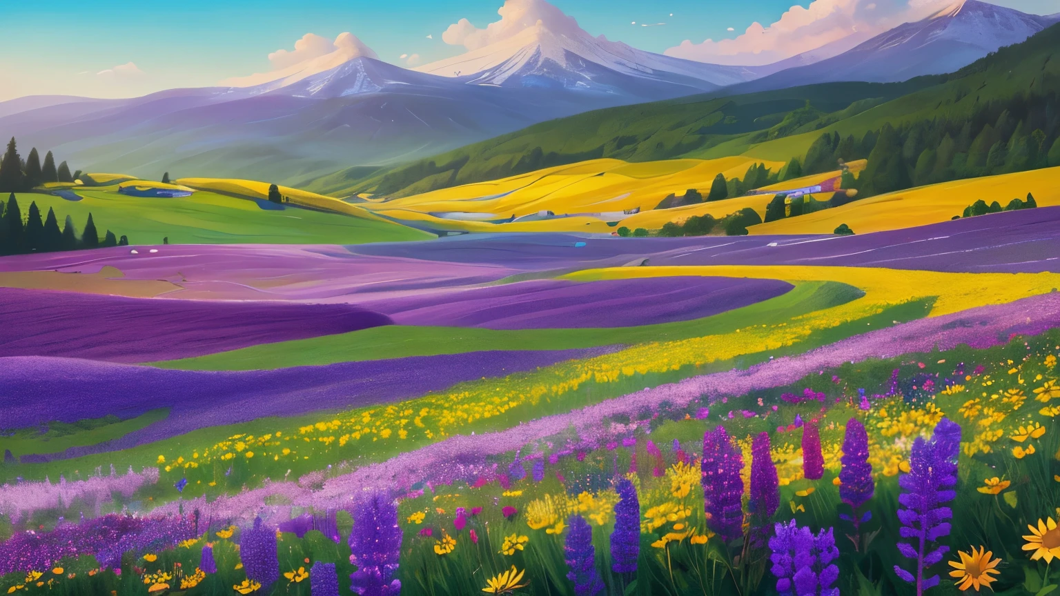 Bursting with vibrancy, the wildflower-filled meadows come alive in a symphony of colors: delicate petals of various hues dancing in the gentle breeze. In this stunning painting, each wildflower is meticulously depicted, from the golden daisies to the purple lupines, creating a mesmerizing tapestry of nature's beauty. The sun-kissed meadow glows with an ethereal quality, transporting viewers to a tranquil paradise. Rich in detail and vivid in presentation, this breathtaking image encapsulates the essence of a blooming, thriving landscape.