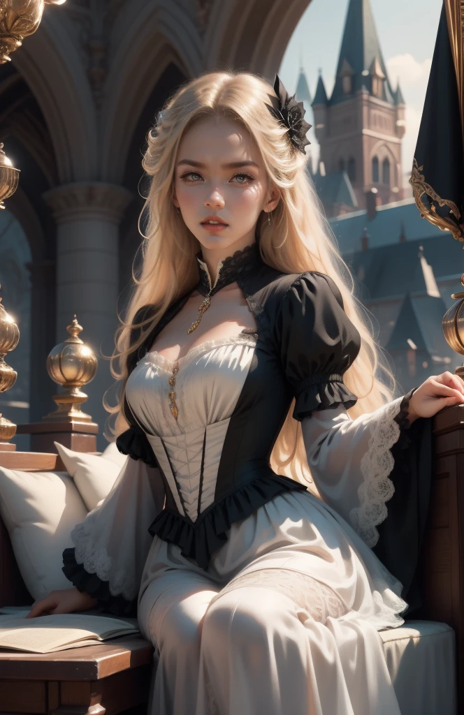 { - anatomy error}(Masterpiece - Ultra-detailed, very high resolution) Prepare to be enchanted by a true masterpiece that combines ultra-detailed art with high-resolution rendering. This work depicts a mesmerizing woman with very long blond hair (1.3) and captivating gray eyes (1.2), emanating an aura of elegance and mystery in Victorian settings. The intricate details and realistic textures invite you to explore every aspect of this enchanting composition. Woman wearing beautiful classic Victorian costume from the year 1878. Red lips. Happy face. Smiling. white (white) dress. Outside of the castle, backwards, looking back, upper body. dynamic poses. Get ready to dive into a world where beauty and craftsmanship merge perfectly.