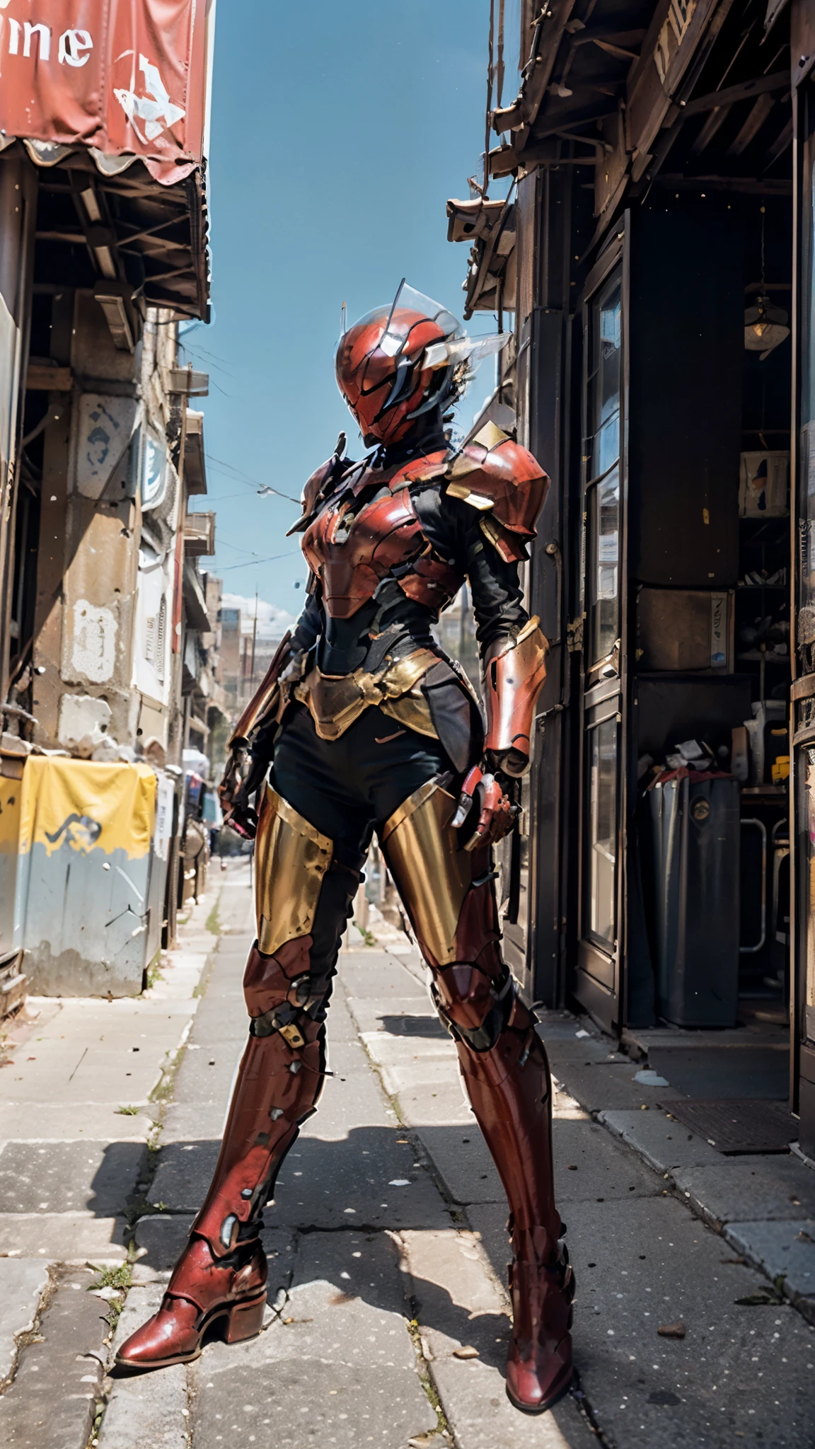 A woman adorned in fantasy-style full-body armor, a crown-concept fully enclosed helmet that unveils only her eyes, a composite layered chest plate, fully encompassing shoulder and hand guards, a lightweight waist armor, form-fitting shin guards, the overall design is heavy-duty yet flexible, ((the armor gleams with a golden glow, complemented by red and blue accents)), exhibiting a noble aura, she floats above a fantasy-surreal high-tech city, this character embodies a finely crafted fantasy-surreal style armored hero in anime style, exquisite and mature manga art style, (Queen bee mixed with Spider concept Armor, Southeastern European woman), ((elegant, goddess, femminine:1.5)), metallic, high definition, best quality, highres, ultra-detailed, ultra-fine painting, extremely delicate, professional, anatomically correct, symmetrical face, extremely detailed eyes and face, high quality eyes, creativity, RAW photo, UHD, 32k, Natural light, cinematic lighting, masterpiece-anatomy-perfect, masterpiece:1.5