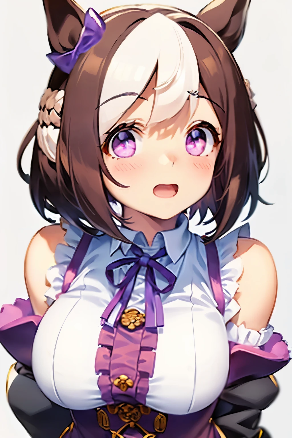 special_week_\(Umamusume)、bow ribbon、bow ribbon、bow ribbon、corsets、Fluffy breasts、nursing、toppless、teats、The upper part of the body、(Refers to the viewer:1.3)、Happiness、(White background:1.5)、(front-facing view:1.3)