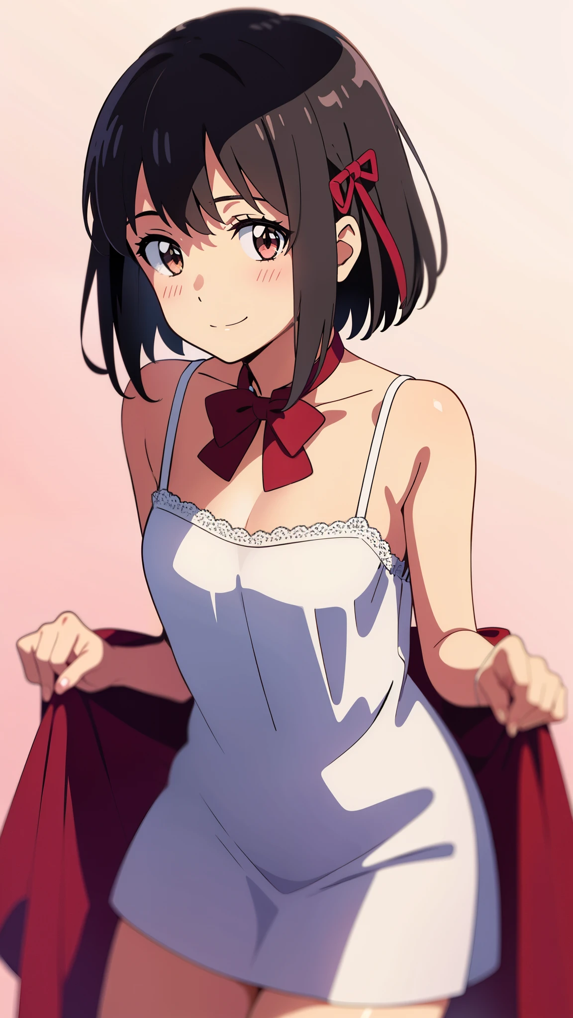 shinkai makoto, kimi no na wa., 1girl, bangs, black hair, blush, round eyes, bright eyes, brown eyes, red headband, red bow, red ribbon, short hair, shinny hair, smile, cute, beautiful, shiny skin, looking at the viewer, solo, cute girl, chemise dress, pastel color, watercolor, flower background