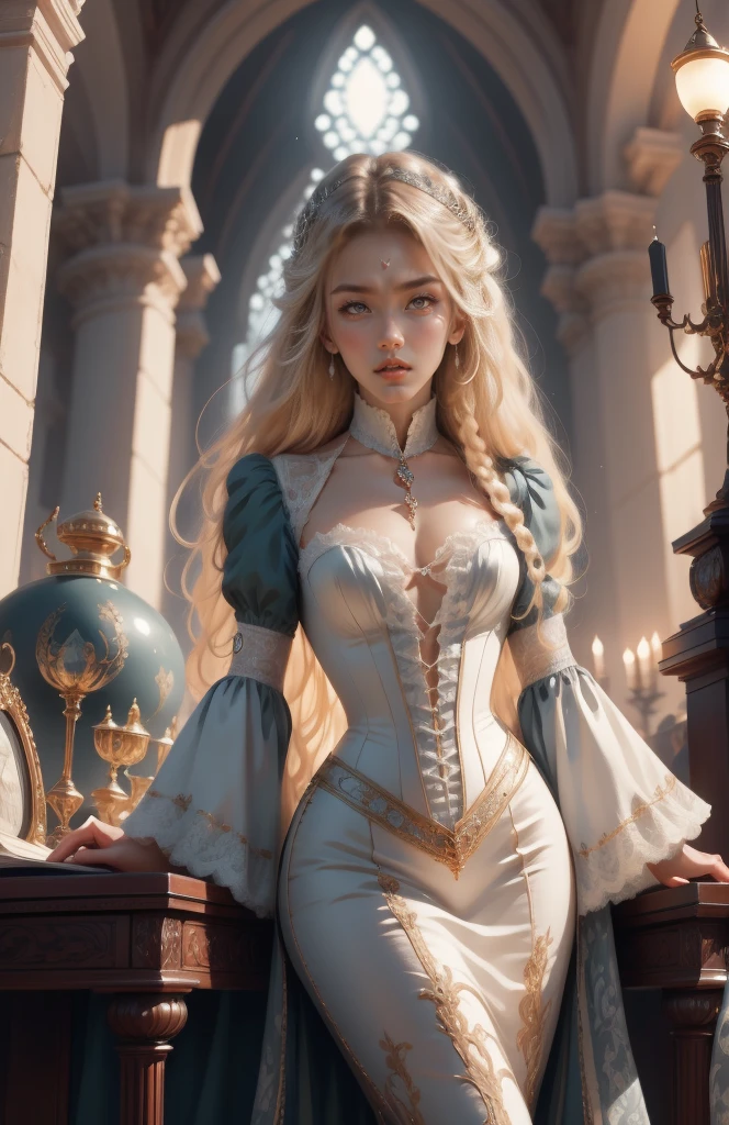 { - anatomy error}(Masterpiece - Ultra-detailed, very high resolution) Prepare to be enchanted by a true masterpiece that combines ultra-detailed art with high-resolution rendering. This work depicts a mesmerizing woman with very long blond hair (1.3) and captivating gray eyes (1.2), emanating an aura of elegance and mystery in Victorian settings. The intricate details and realistic textures invite you to explore every aspect of this enchanting composition. Woman wearing beautiful classic Victorian costume from the year 1878. Red lips. Happy face. Smiling. white (gold) dress. Outside of the castle, backwards, looking back, upper body. dynamic poses. Get ready to dive into a world where beauty and craftsmanship merge perfectly.