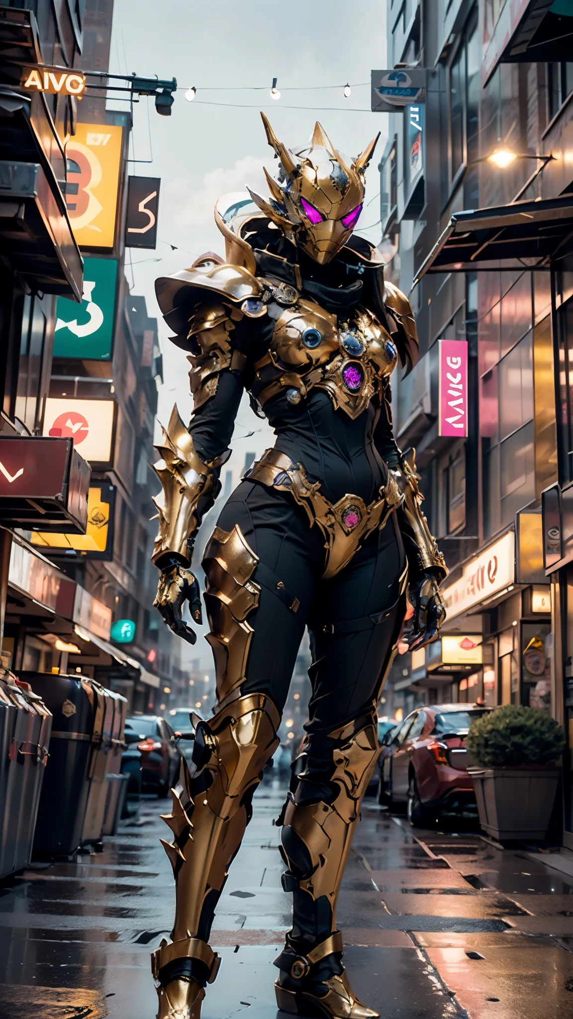 A woman adorned in fantasy-style full-body armor, a crown-concept fully enclosed helmet that unveils only her eyes, a composite layered chest plate, fully encompassing shoulder and hand guards, a lightweight waist armor, form-fitting shin guards, the overall design is heavy-duty yet flexible, ((the armor gleams with a golden glow, complemented by red and blue accents)), exhibiting a noble aura, she floats above the Futuristic city, this character embodies a finely crafted fantasy-surreal style armored hero in anime style, exquisite and mature manga art style, (Queen bee mixed with Spider concept Armor, photorealistic:1.4, real texture material:1.2, professional photo, cinematic), ((city night view, element, energy, elegant, goddess, femminine:1.5)), metallic, high definition, best quality, highres, ultra-detailed, ultra-fine painting, extremely delicate, anatomically correct, symmetrical face, extremely detailed eyes and face, high quality eyes, creativity, RAW photo, UHD, 32k, Natural light, cinematic lighting, masterpiece-anatomy-perfect, masterpiece:1.5