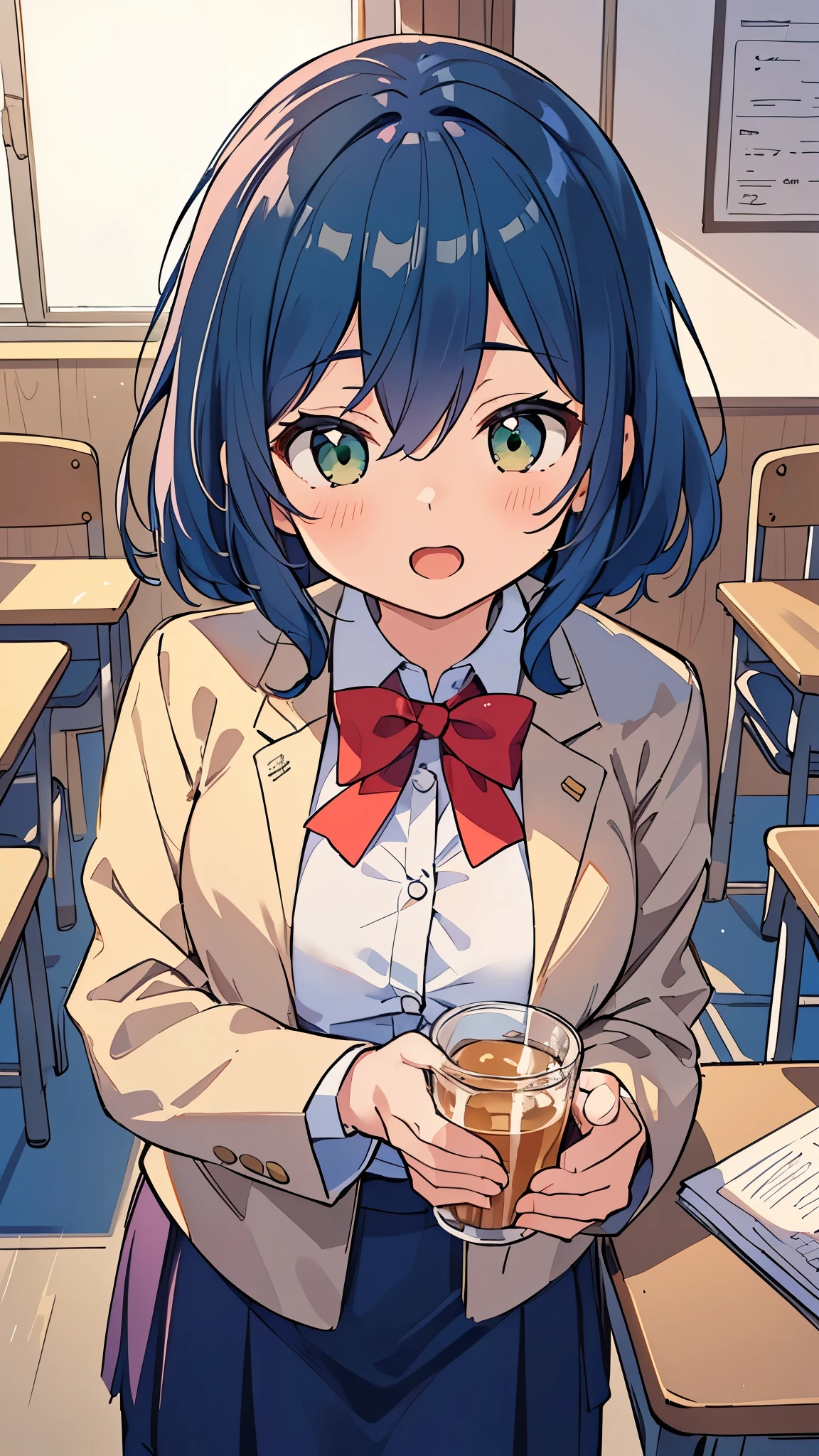 drinking water、((Cute high school girl with blue hair and green eyes)), ((Wearing a black blazer uniform)), red ribbon,  face, ((masterpiece, highest quality, Super fine, High resolution)), anime girl, ((Super detailed illustrations:1.2)), alone, bangs, hair between eyes, beautiful hair, shining eyes, huge breasts, big lol face, open mouth, In the classroom, at dusk, sunset