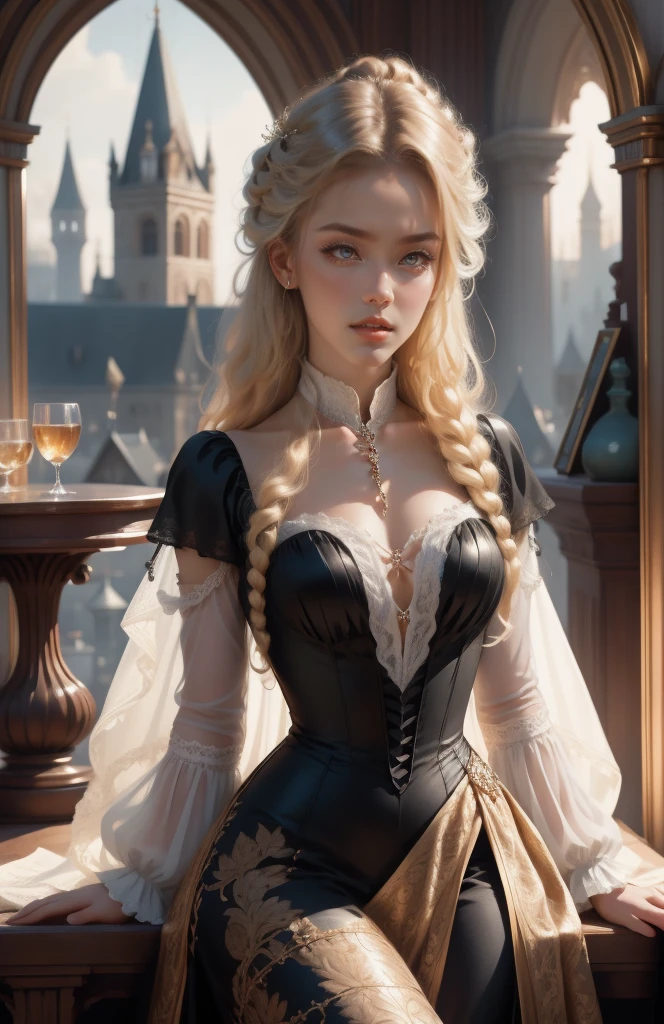 { - anatomy error}(Masterpiece - Ultra-detailed, very high resolution) Prepare to be enchanted by a true masterpiece that combines ultra-detailed art with high-resolution rendering. This work depicts a mesmerizing woman with very long blond hair (1.3) and captivating gray eyes (1.2), emanating an aura of elegance and mystery in Victorian settings. The intricate details and realistic textures invite you to explore every aspect of this enchanting composition. Woman wearing beautiful classic Victorian costume from the year 1878. Red lips. Happy face. Smiling. white-gray dress (gold) dress. Outside of the castle, backwards, looking back, upper body. dynamic poses. Get ready to dive into a world where beauty and craftsmanship merge perfectly.
